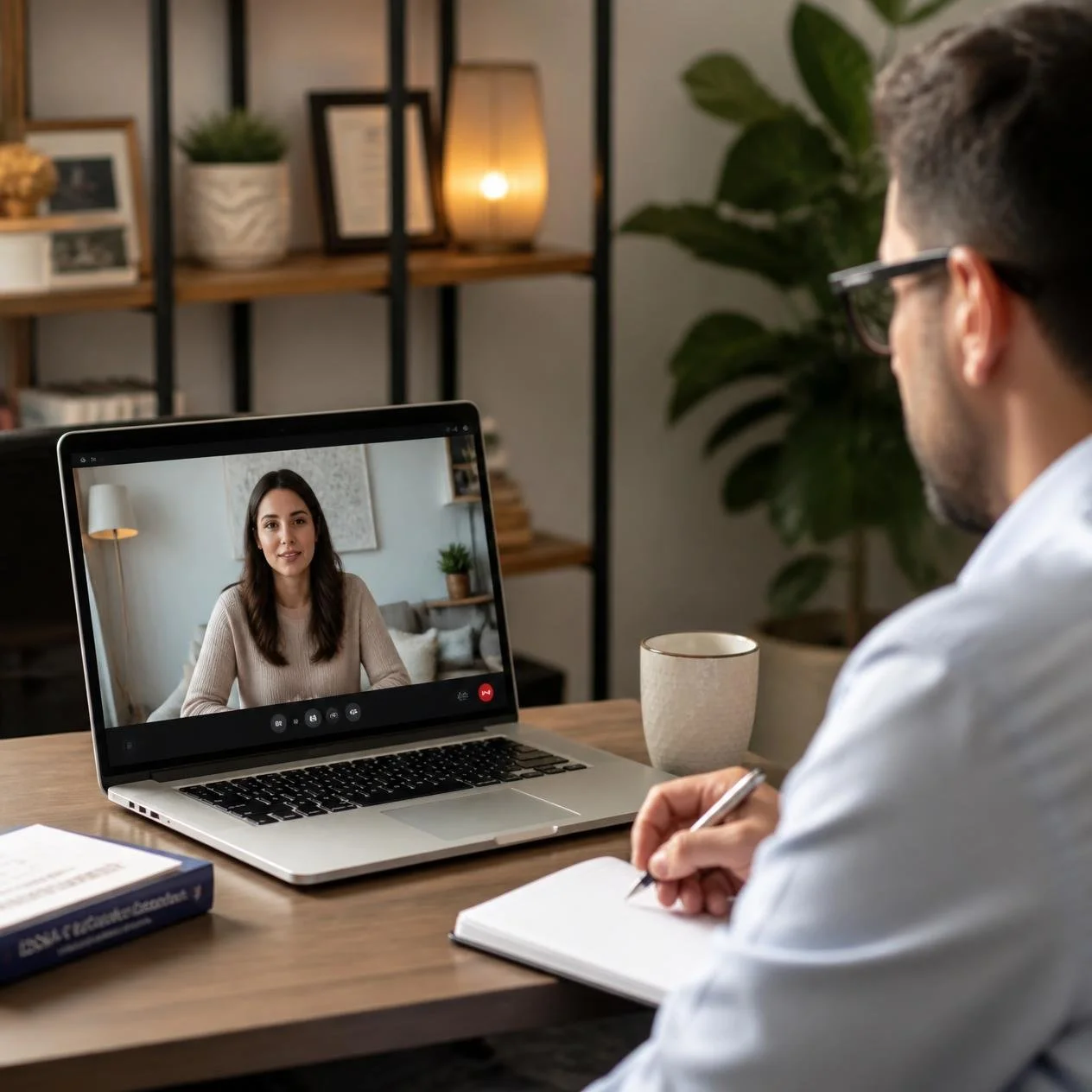 Man with glasses taking notes during a video call on his laptop with a woman on the screen, in a cozy home office setting.