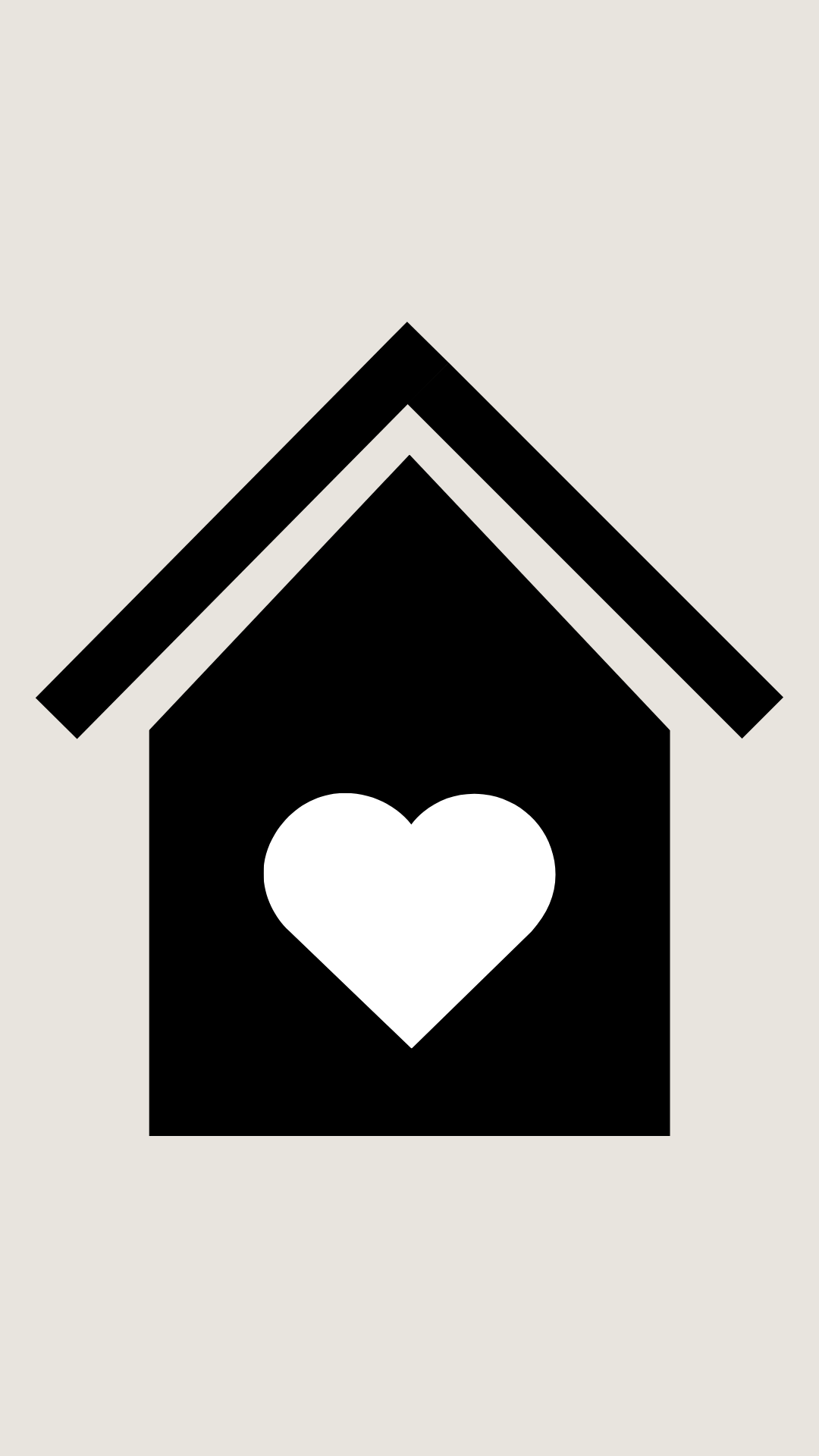 Outline of a black house with a white heart on the front, set against a light gray background.