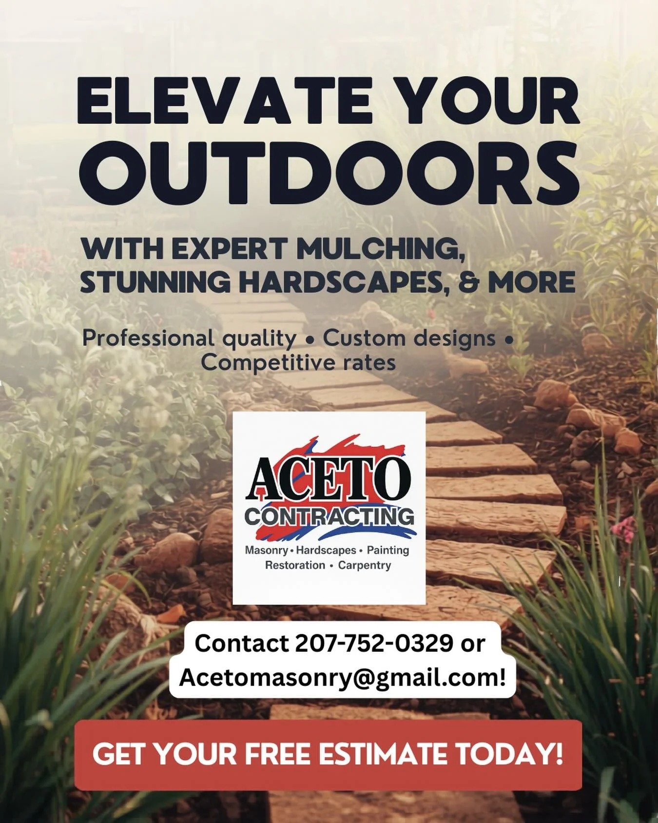 Transform your outdoor space this season! 🌿

From fresh mulch installations to custom hardscapes, patios, walkways, painting, and more, Aceto Contracting delivers quality craftsmanship that lasts.

✅ Free Estimates
✅ Best Pricing Around
✅ 25+ Years 