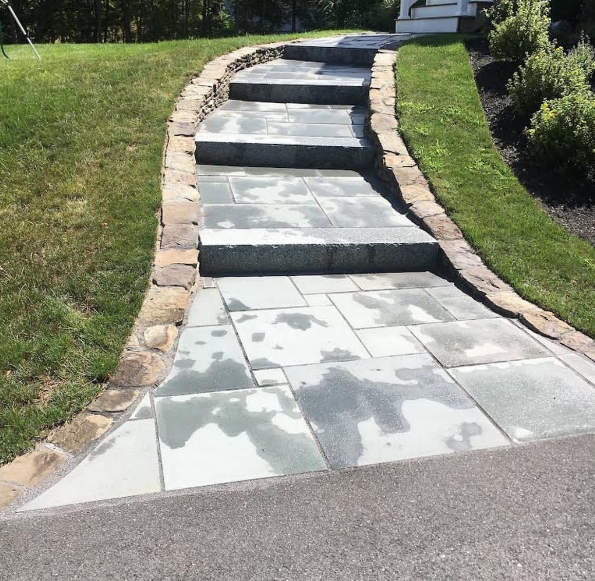 A stone and concrete pathway with steps, bordered by grass and small plants.