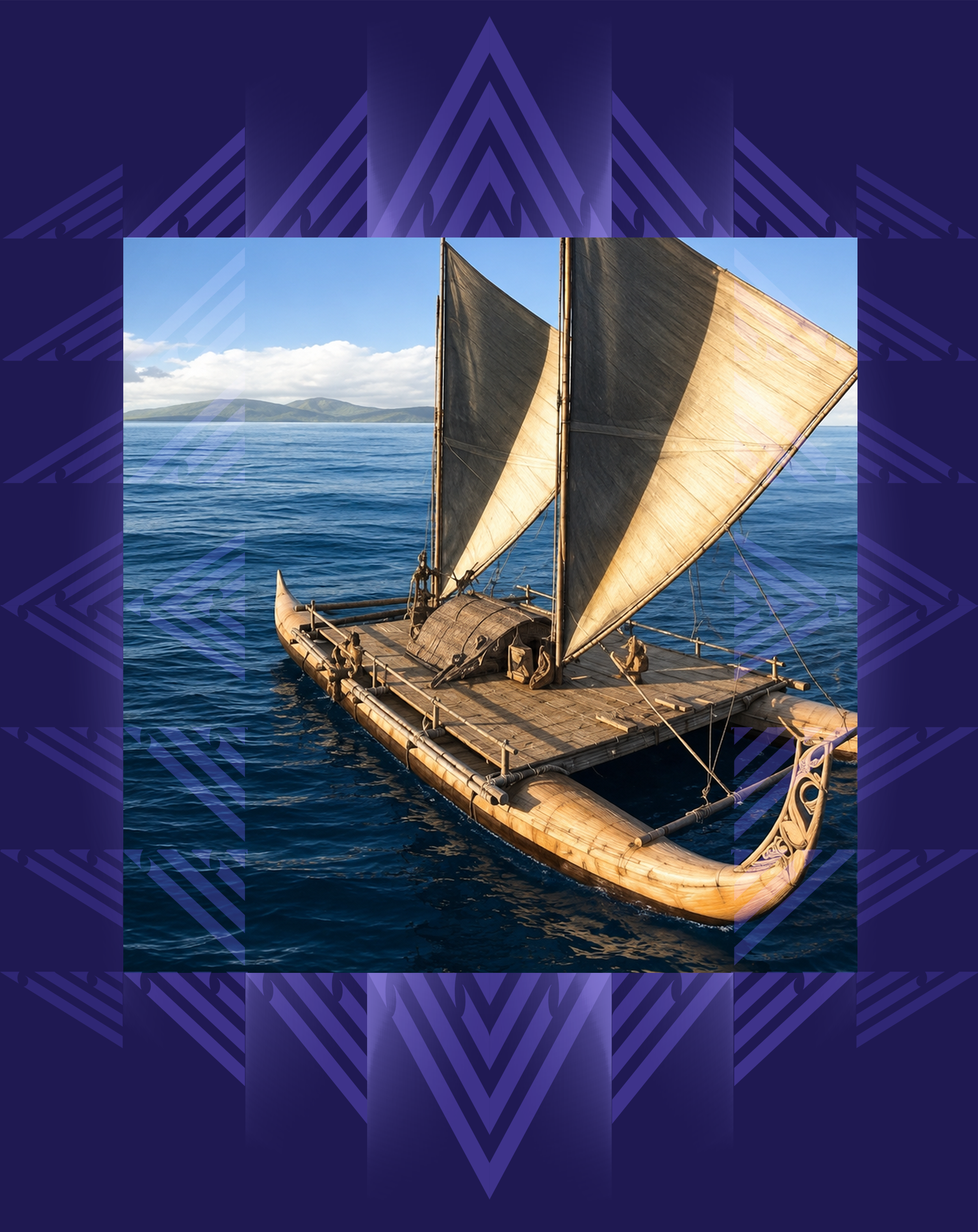 A traditional Polynesian outrigger canoe with large sails on the water, under a blue sky with some clouds and distant islands.