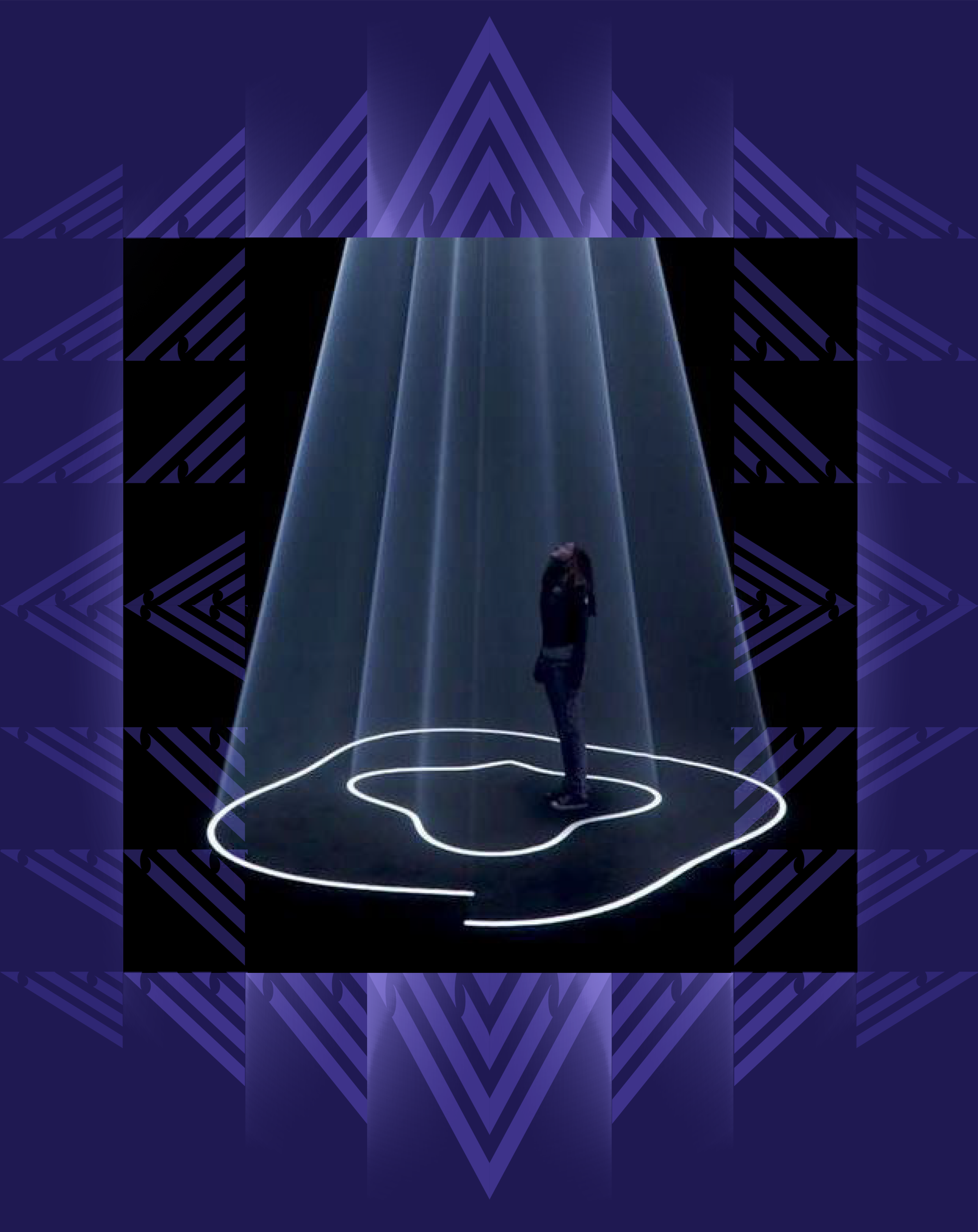 A person walking on a circular illuminated platform in a dark, futuristic environment with geometric light patterns and blue shafts of light overhead.