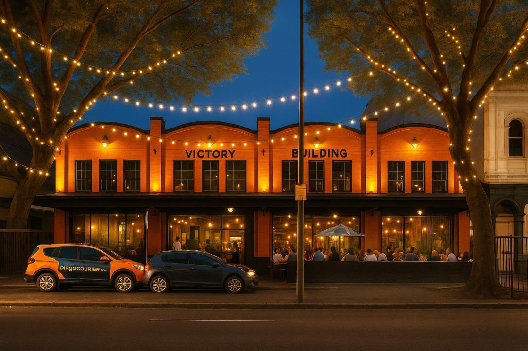 A warmly lit building with a sign that reads 'Victory Building,' outdoor seating with people, string lights overhead, parked cars in front, and large trees at dusk.