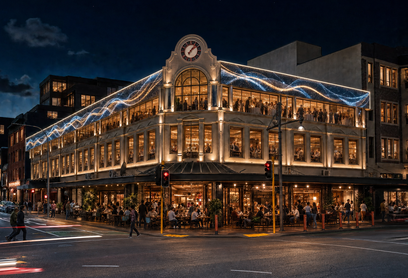 Imagine an 18-Hour Creative Heart, a revitalised landmark where hospitality, heritage and digital art create a vibrant gateway by day and night