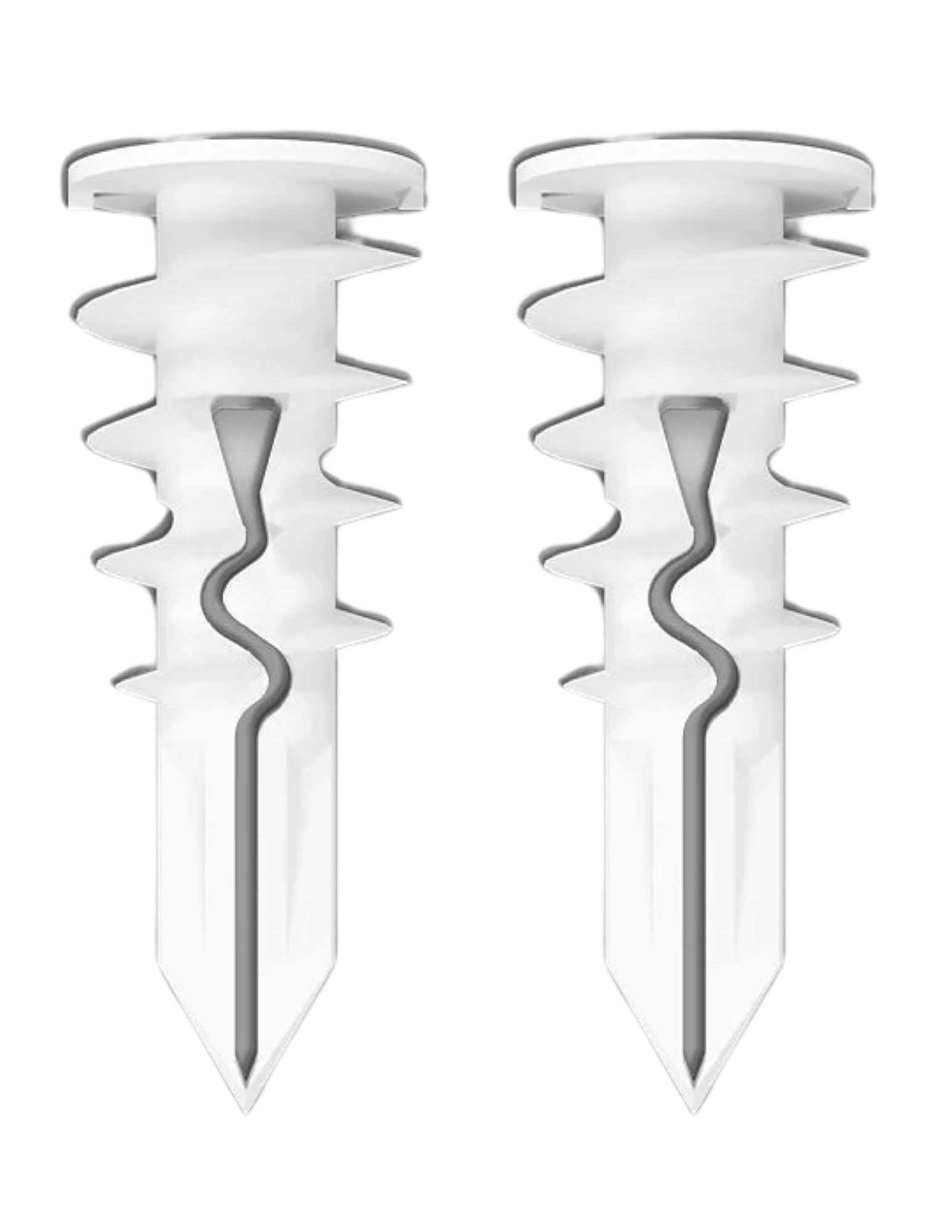 Two while drywall anchors with a flat head and threaded body, viewed from the side.