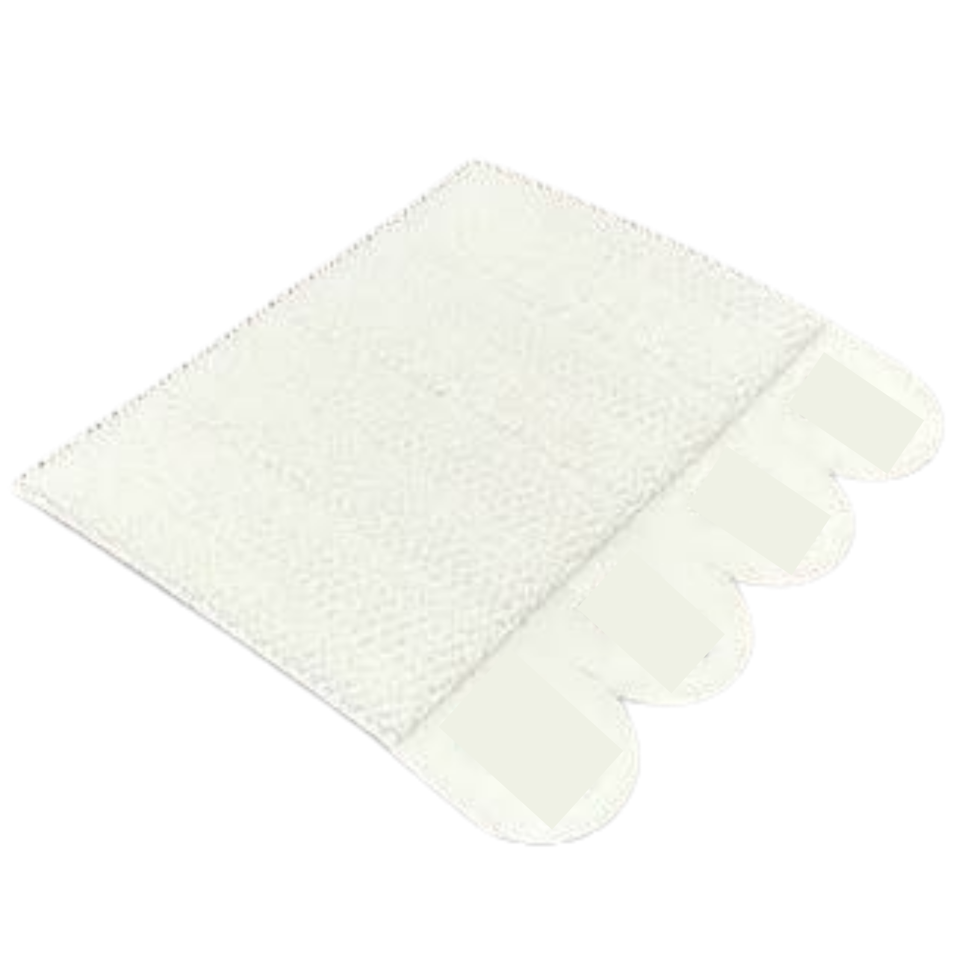 A white pyramid-shaped pile of granulated sugar on a rectangular white plate with a slightly raised edge.
