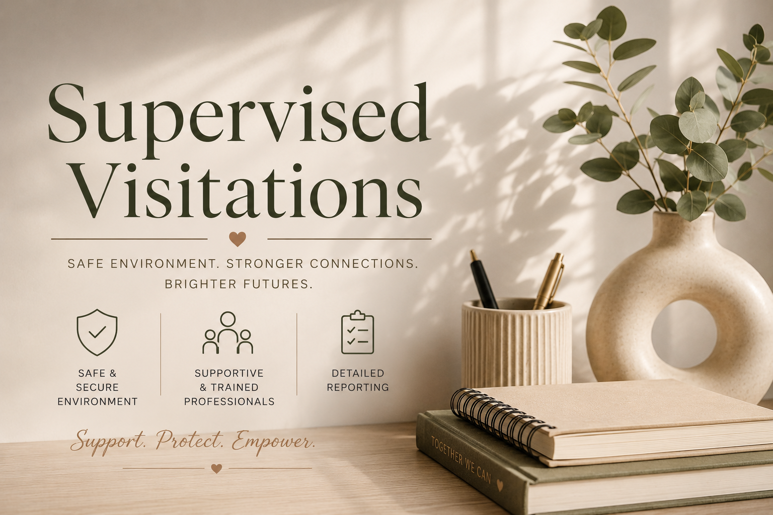 A display promoting supervised visitations with phrases highlighting safety, support, and detailed reporting, alongside a framed plant, notebooks, and pens on a light wooden surface.