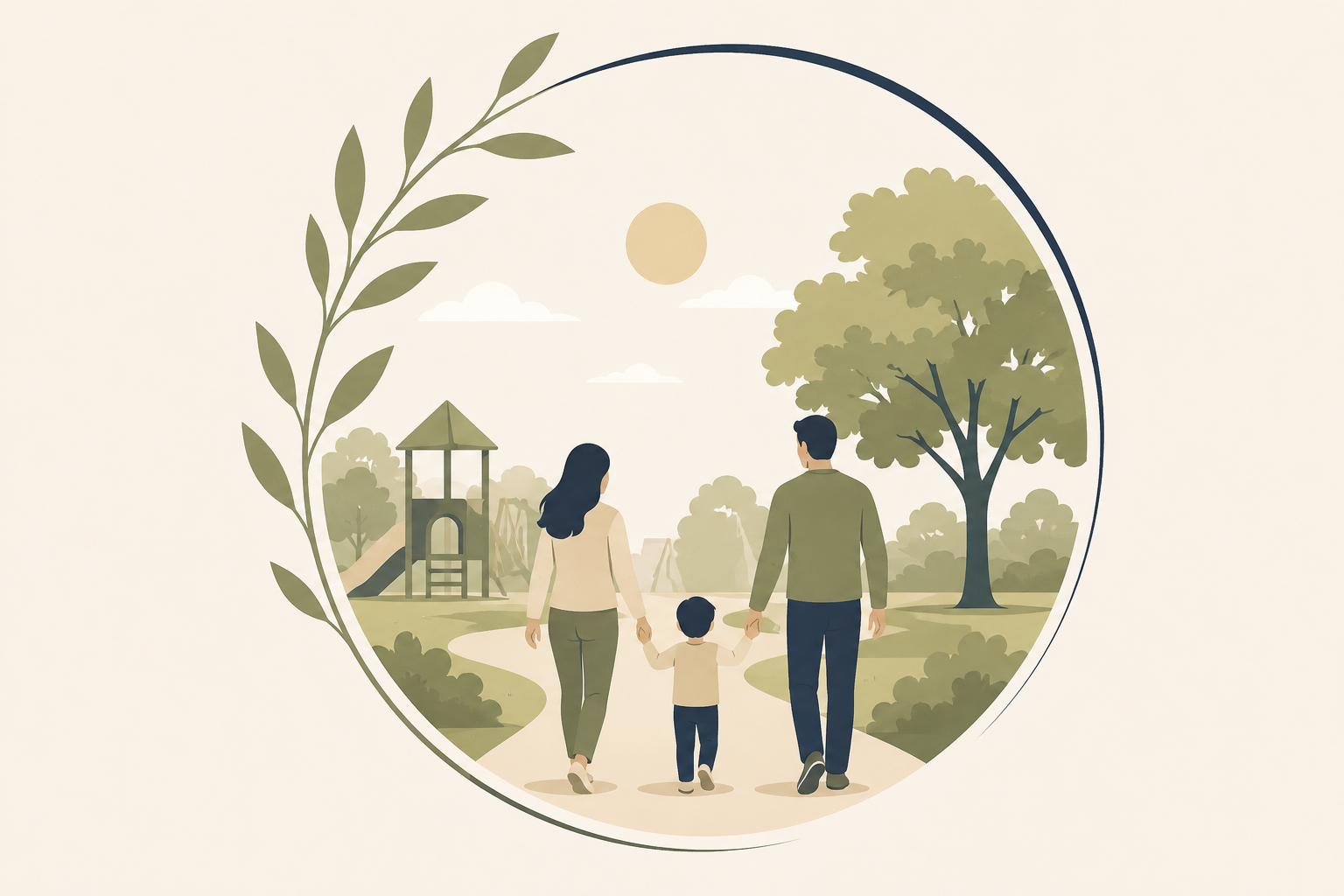 Illustration of a family walking in a park, holding hands, with a playground and trees in the background, surrounded by a circular border with leaves.