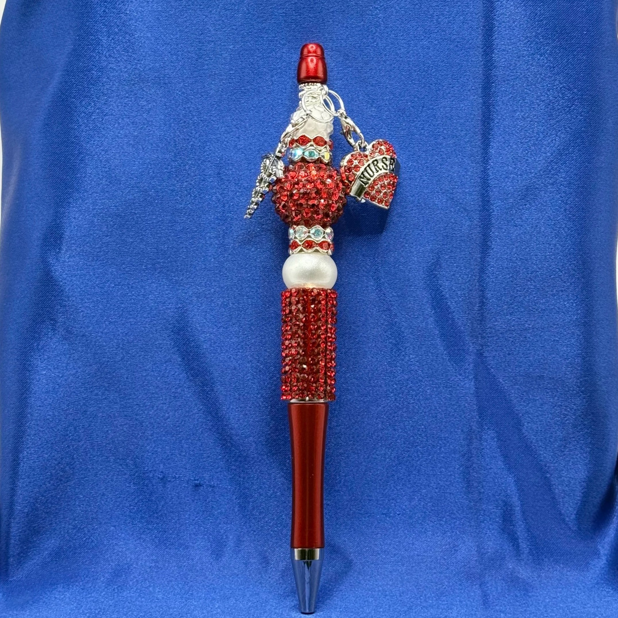 Handmade Red And White Nursing Pen With Rhinestone Grip