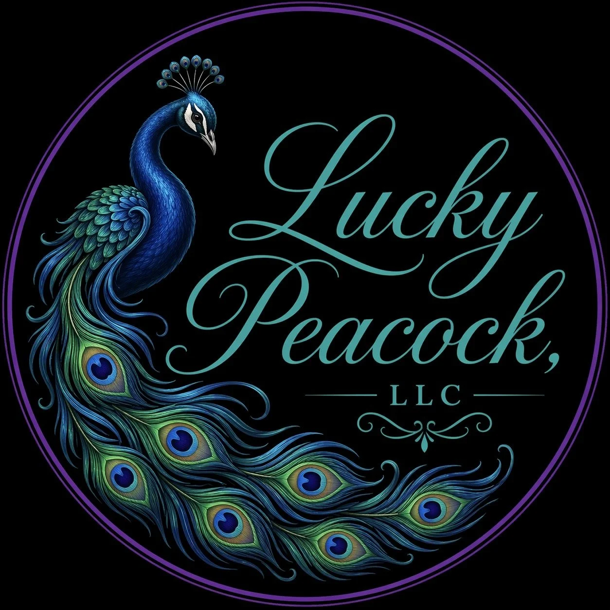 A logo for Lucky Peacock LLC featuring a detailed, colorful peacock with its tail feathers extended around the text. The peacock has vibrant blue, green, and teal feathers, set against a black background with a purple circular border.