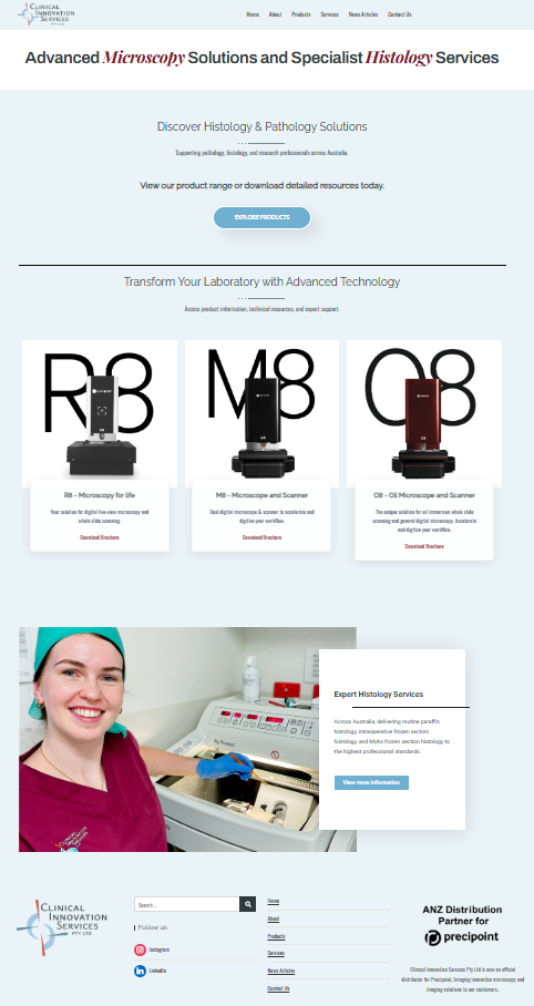 Screenshot of a website homepage for Clinical Innovation Services, featuring advanced microscopy and histology solutions, with images of microscopes, a smiling woman using laboratory equipment, and various service and product options.