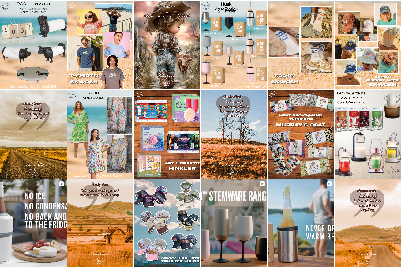 Collage of various lifestyle and product images including children and adults, clothing, accessories, wine coolers, socks, caps, home decor, crafts, candles, and outdoor scenes with motivational quotes.