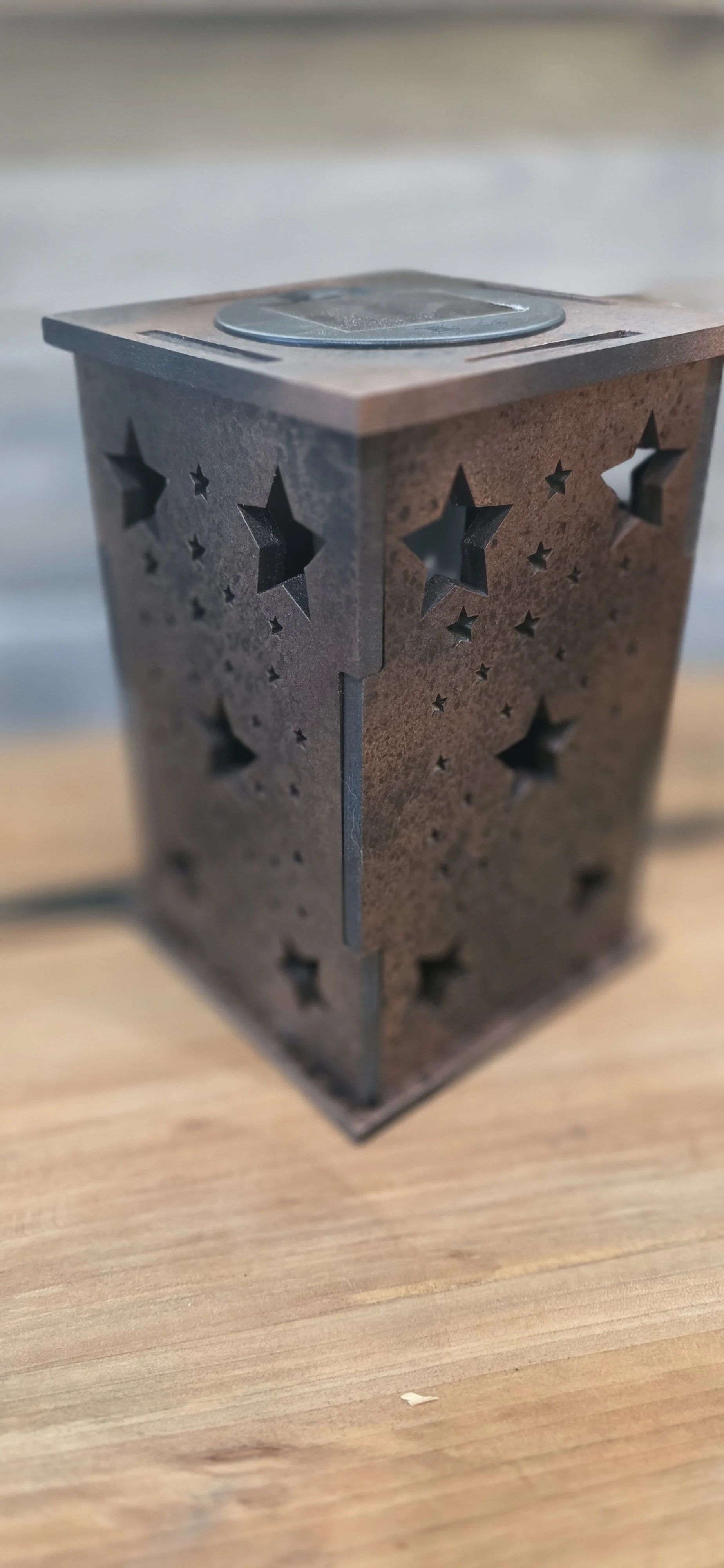 black and metallic copper Carved star image 4 sided flickering solar table lantern