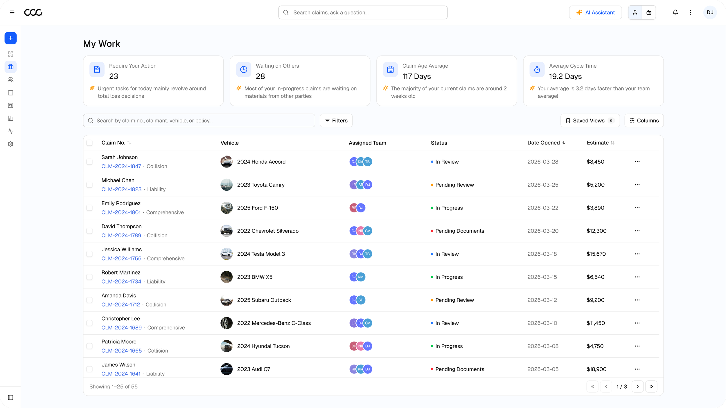 A dashboard displaying work claims data for an insurance or vehicle claims management system, including claim numbers, vehicle details, assigned teams, statuses, dates, and estimated costs.