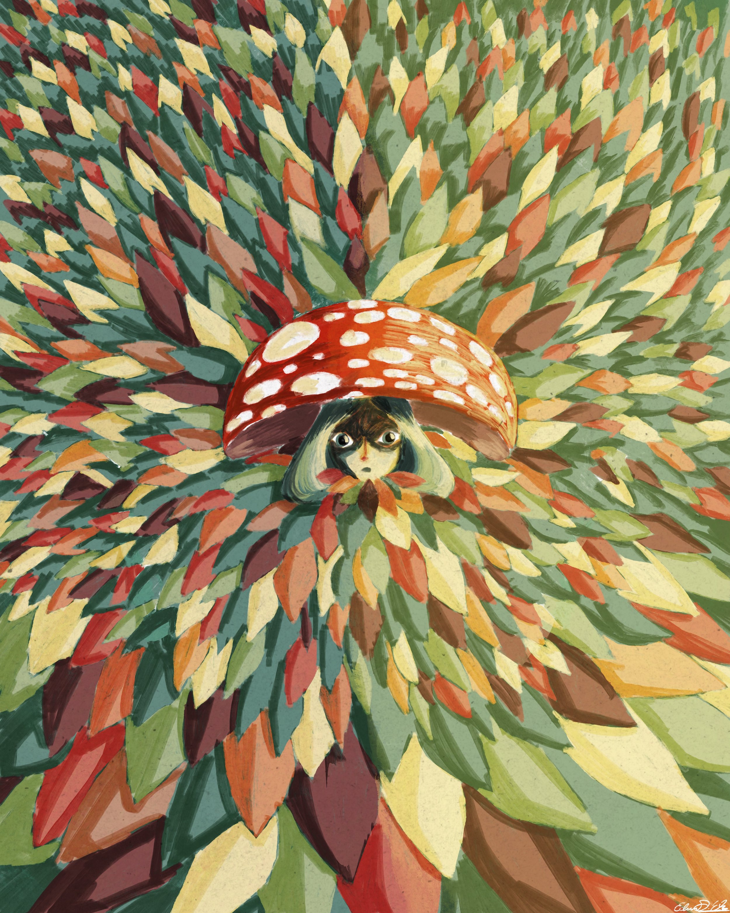 A woman with long hair, wearing a red mushroom hat with white spots, is peeking out from a large mushroom cap with a surprised or curious expression. Behind her are many colorful, abstract leaves in shades of green, yellow, orange, and purple, creating a vibrant, whimsical background.