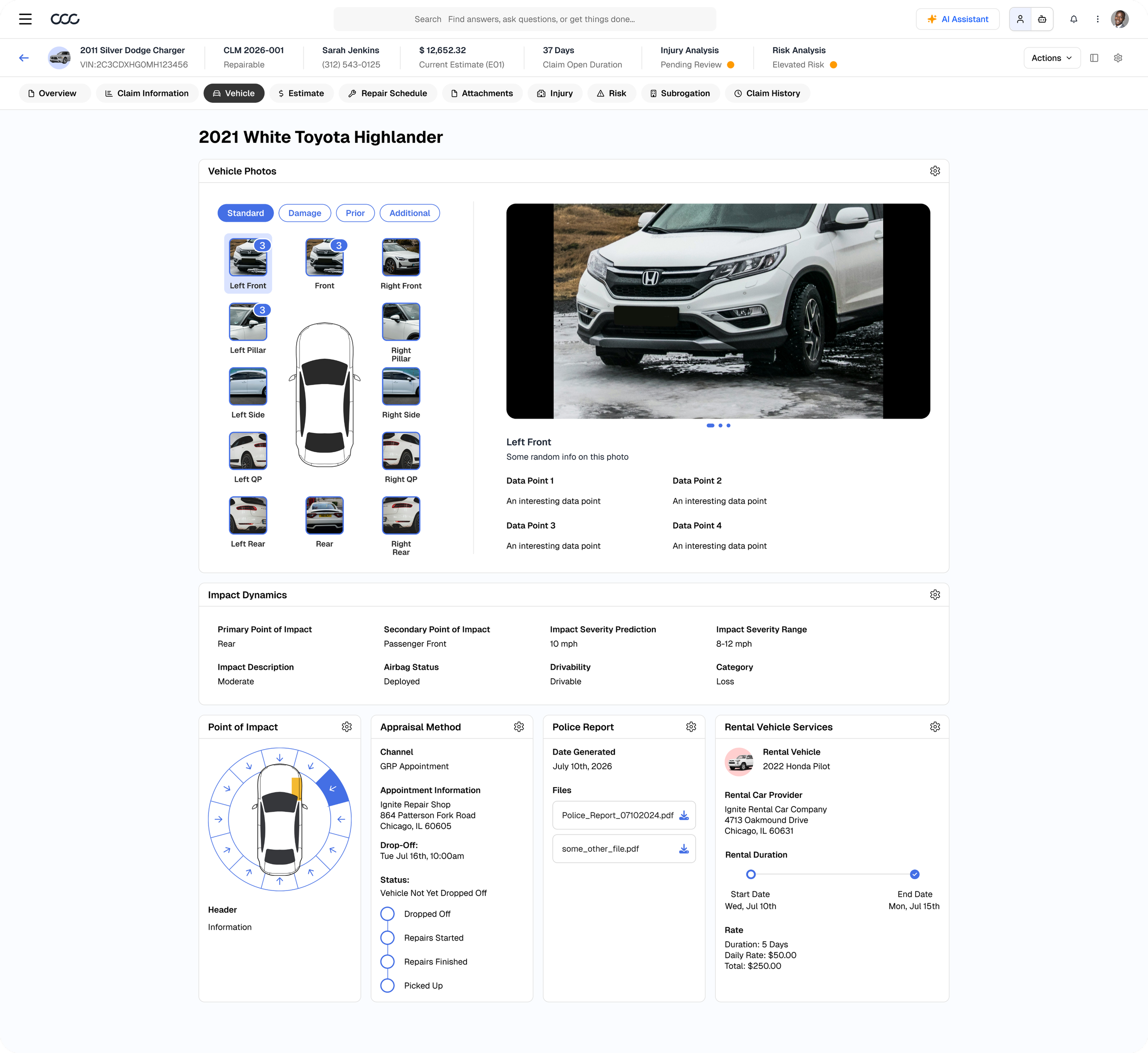 Screenshot of a vehicle insurance or repair management system showing a white 2021 Toyota Highlander with various tabs and information about the vehicle's condition, history, and rental options. The photo of the vehicle is displayed on the right side of the screen.