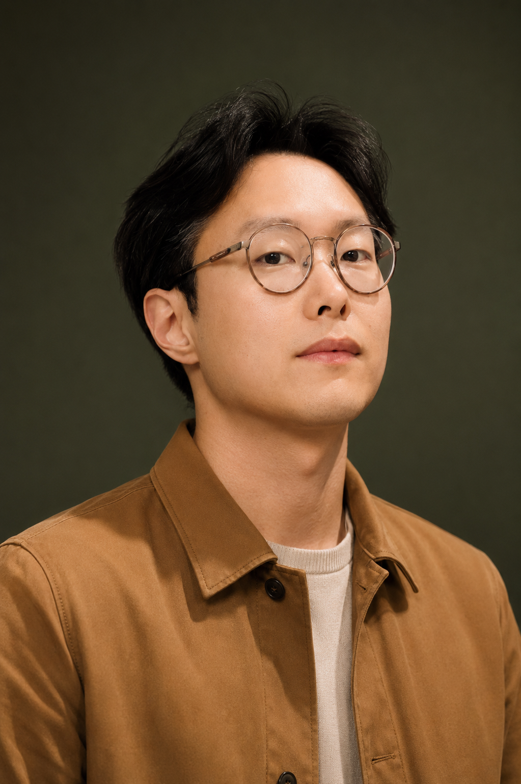 A young man with black hair wearing glasses, a brown jacket, and a light-colored shirt against a dark background.