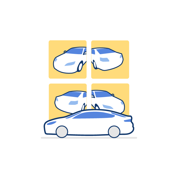 A four-panel illustration of a white sports car with a blue outline, shown from different angles, with a yellow background in each panel.