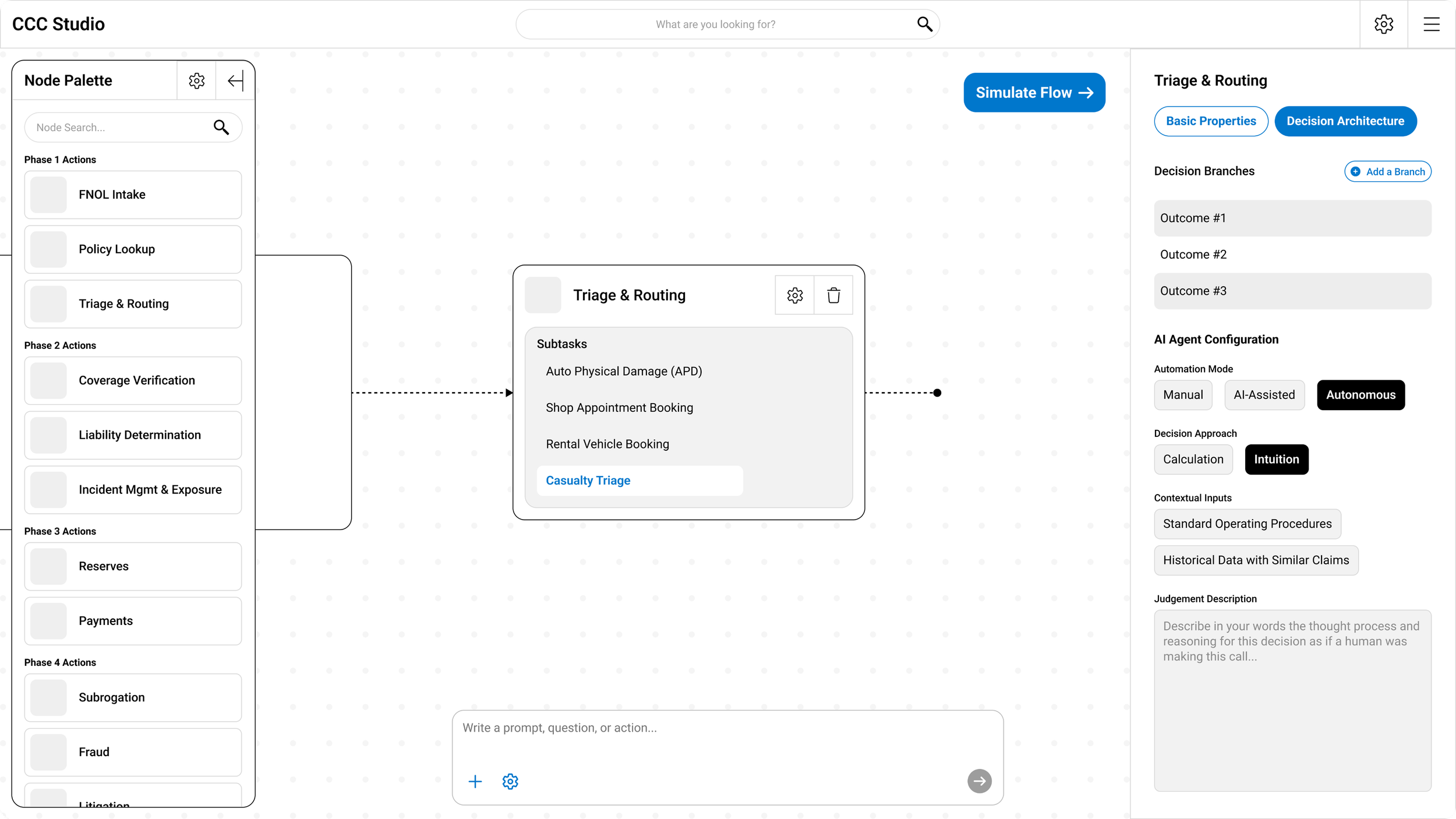 Flowchart interface of a decision-making tool with a node palette on the left, a central flow diagram, and controls on the right for managing decision branches and properties.