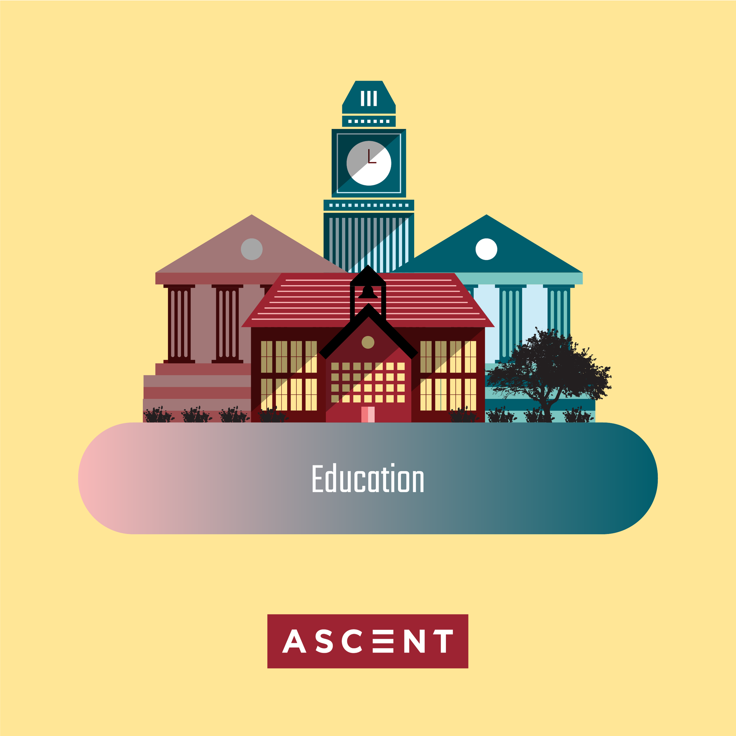 Illustration of buildings including a clock tower and the text 'Education' and 'Ascend' on a yellow background.