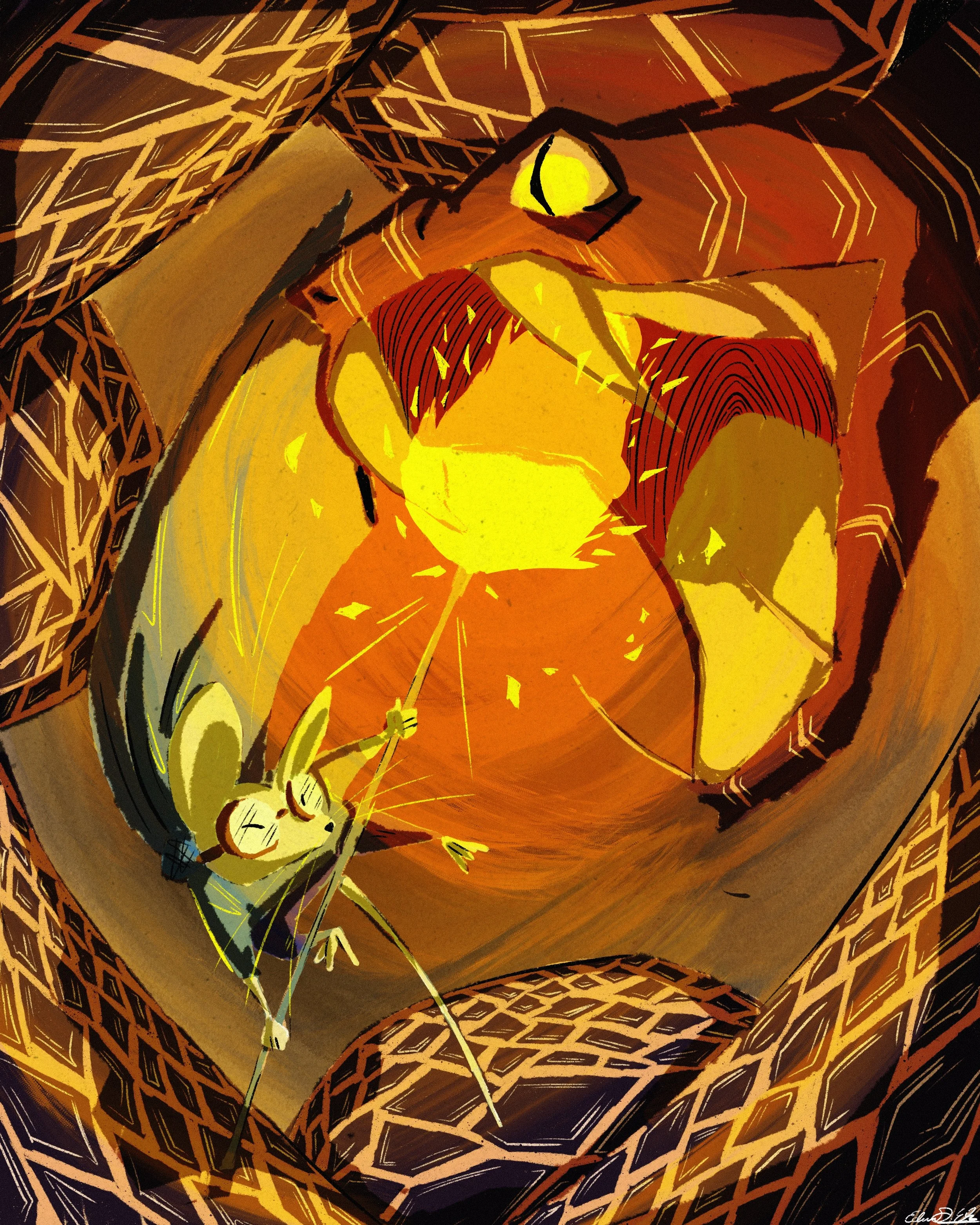 An illustration of a dragon with bright yellow eyes and sharp teeth inside a geometric, glowing, orange and brown patterned structure.