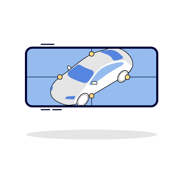 Illustration of a smartphone displaying a 3D car model with labeled points around it.