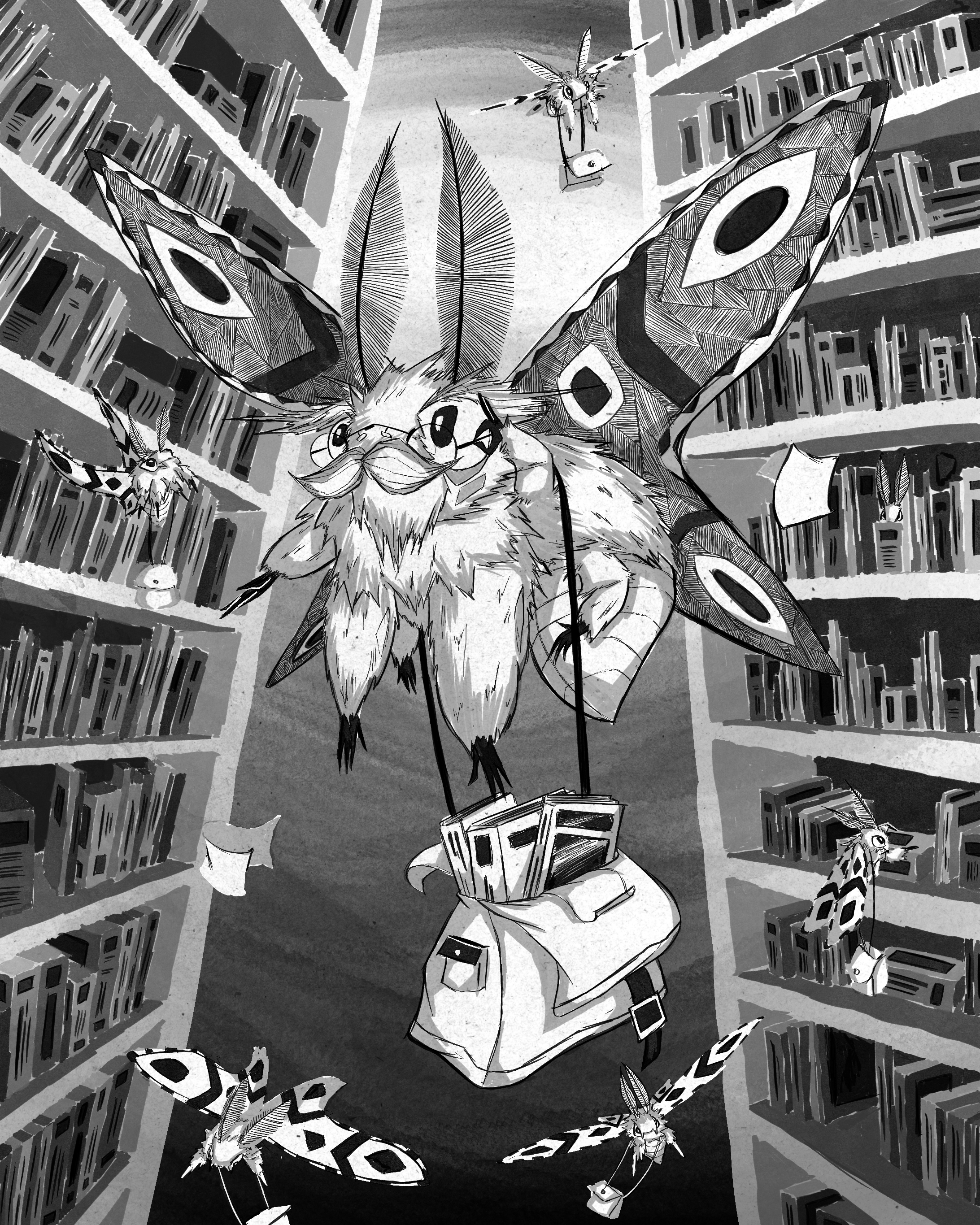 Black and white illustration of a large, mythical creature with butterfly wings, multiple eyes, and a furry body, floating in a room filled with bookshelves. Smaller creatures with insect-like features and wings are flying around, sharing the space with the larger creature. One of the smaller creatures is holding a string with a box attached, and a hand is seen holding two cards in the lower part of the image.