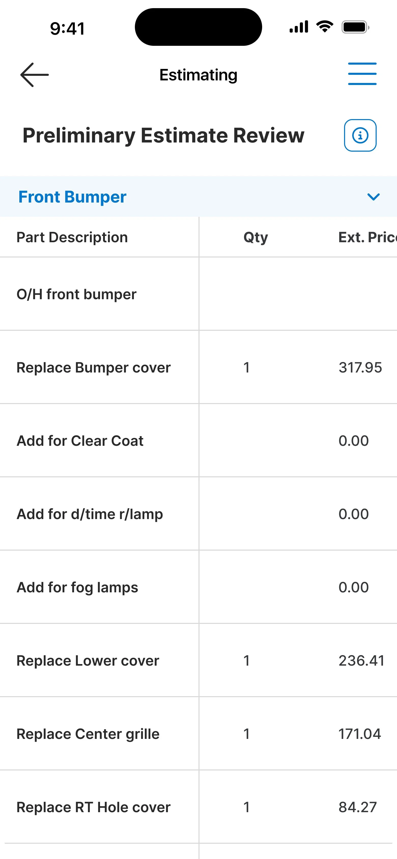 Mobile phone screen showing a parts estimate for a vehicle's front bumper, listing parts such as a bumper cover, lower cover, center grille, and rear tail light cover, along with quantities and prices.