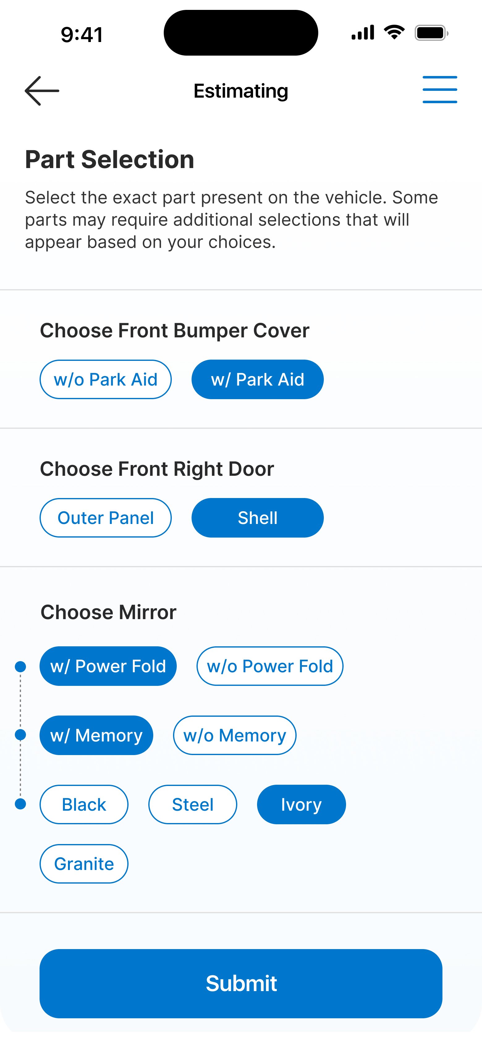Mobile app interface for vehicle part customization, showing options for bumper cover, front right door, and mirror selection with various choices and a submit button.