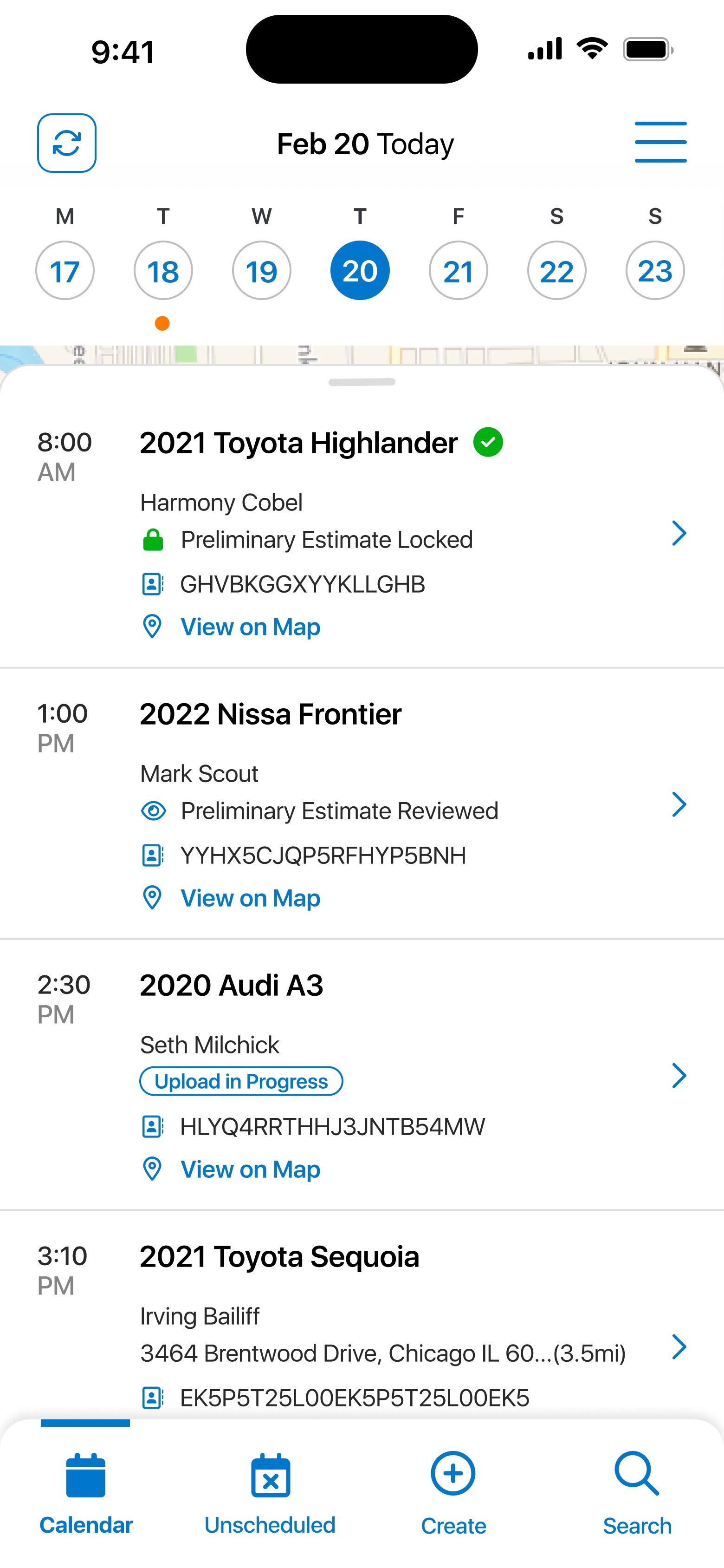Calendar app displaying February 20, with scheduled vehicle maintenance appointments for Toyota Highlander, Nissan Frontier, Audi A3, and Toyota Sequoia, including details and locations.