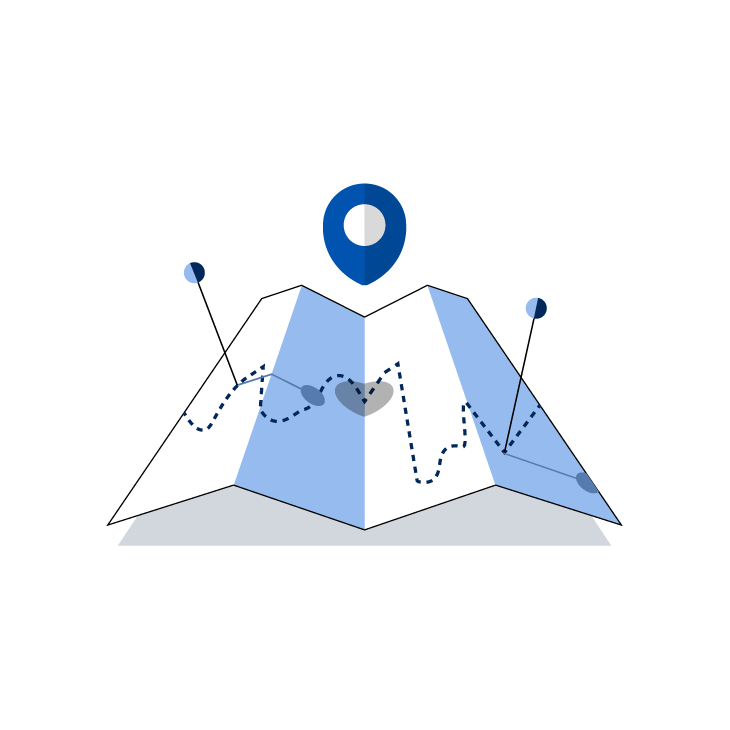 A stylized map with dotted lines, heart symbol, and location markers, indicating navigation or a route.
