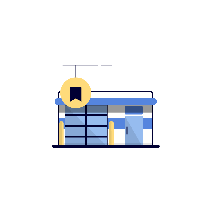 Illustration of a small store or retail shop with a blue and white color scheme, a door, and a yellow and blue sign hanging outside.