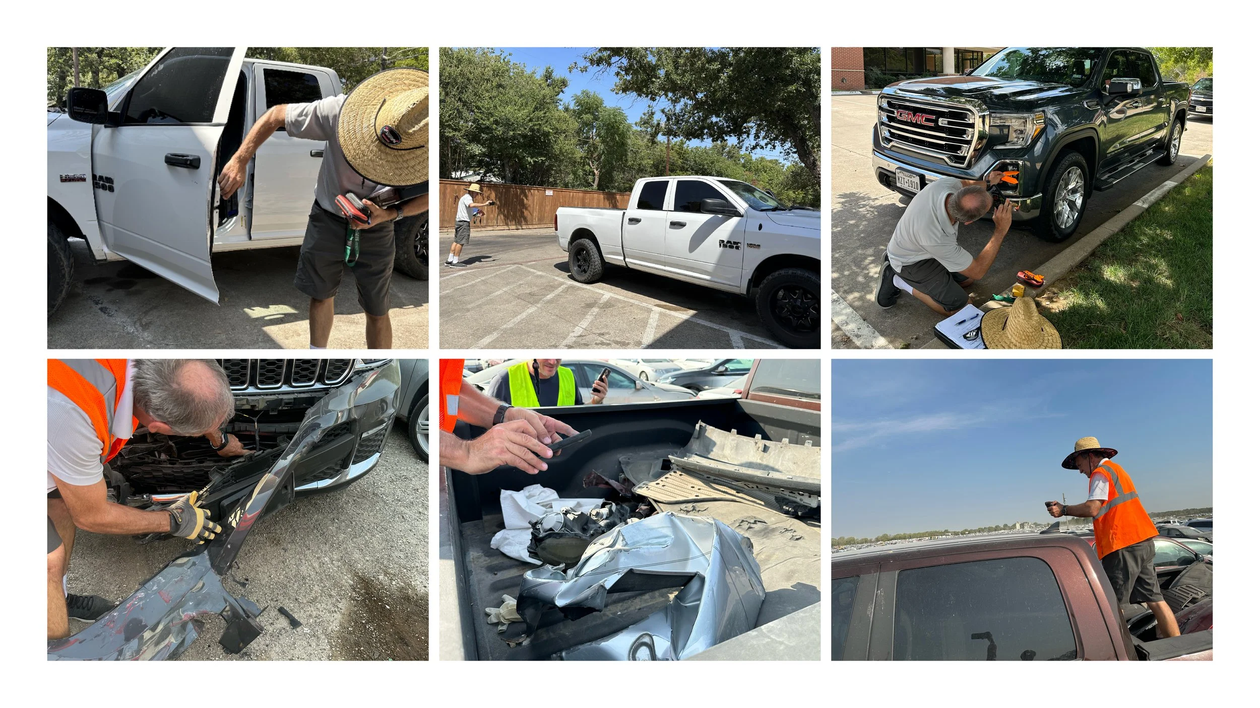 Photos of people inspecting, repairing, and taking photos of damaged vehicles after a car accident, including a white truck, a GMC pickup, and a silver car with front-end damage.