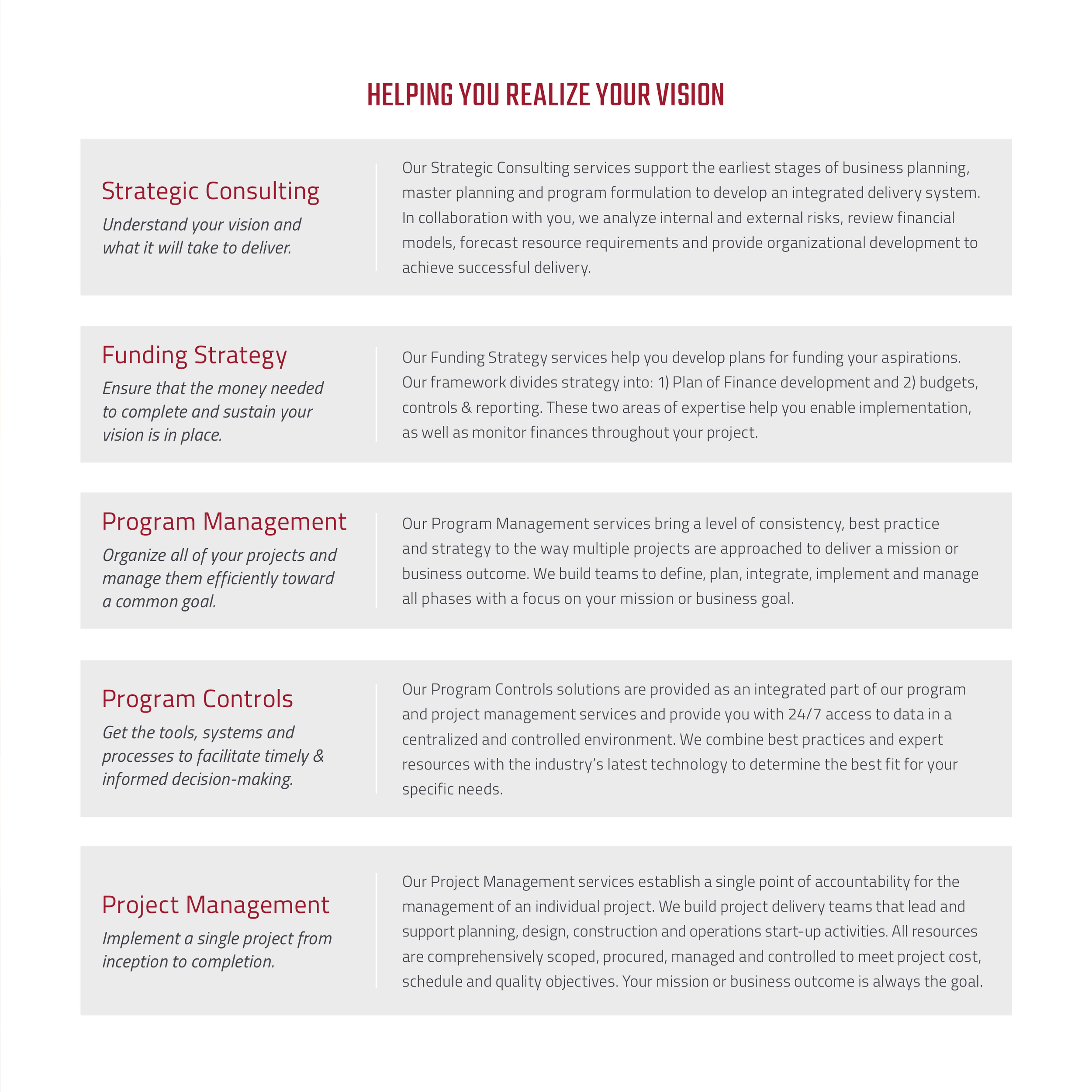 A webpage with a structured layout of text boxes describing consulting services, including sections for Strategic Consulting, Funding Strategy, Program Management, and Project Management, with headings in red and the content in gray background boxes.
