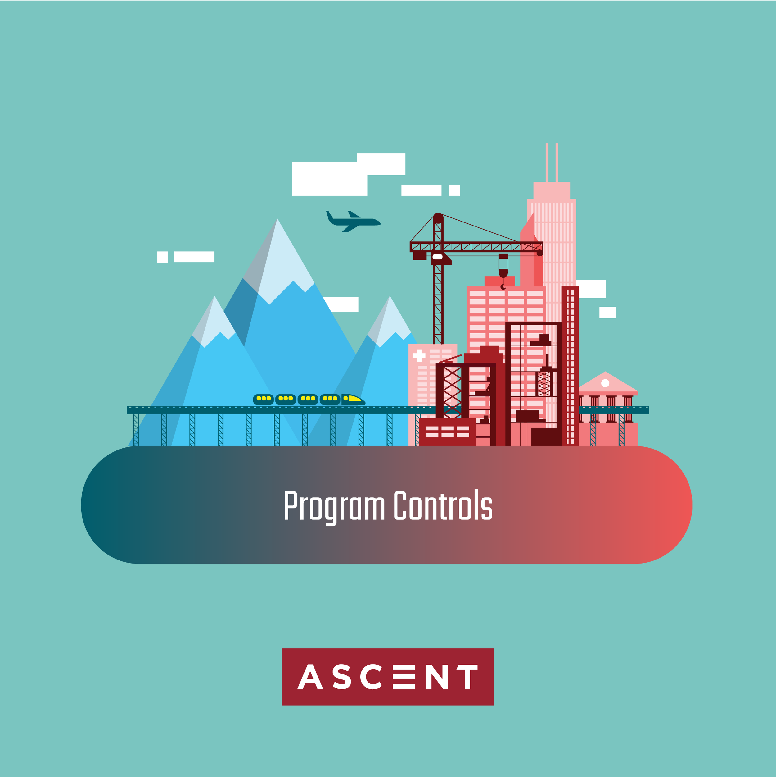 Graphic illustration featuring a cityscape with mountains, a crane, and a train on a bridge, with a large red rectangle containing the white text "ASCENT."