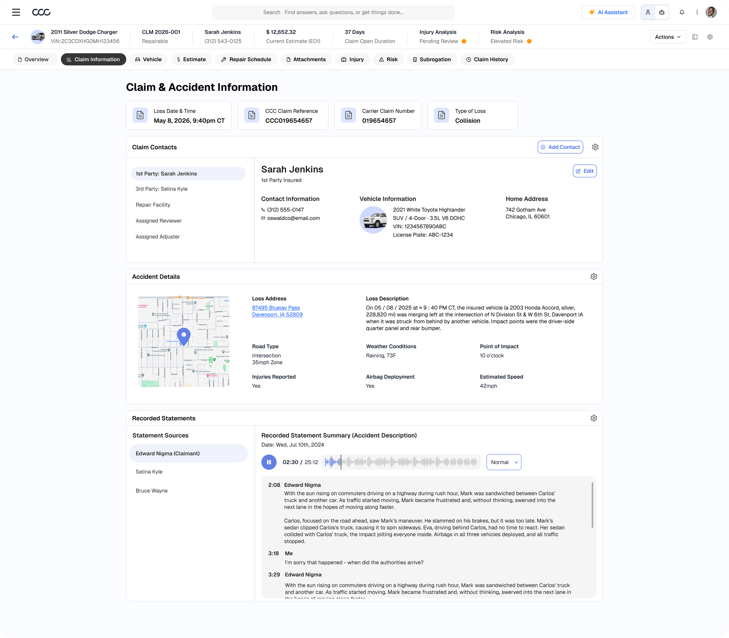 A screenshot of a claim and accident report for a silver 2011 Dodge Charger, including details such as the claim number, date, location map, and description of the incident involving a highway collision on a rainy day.