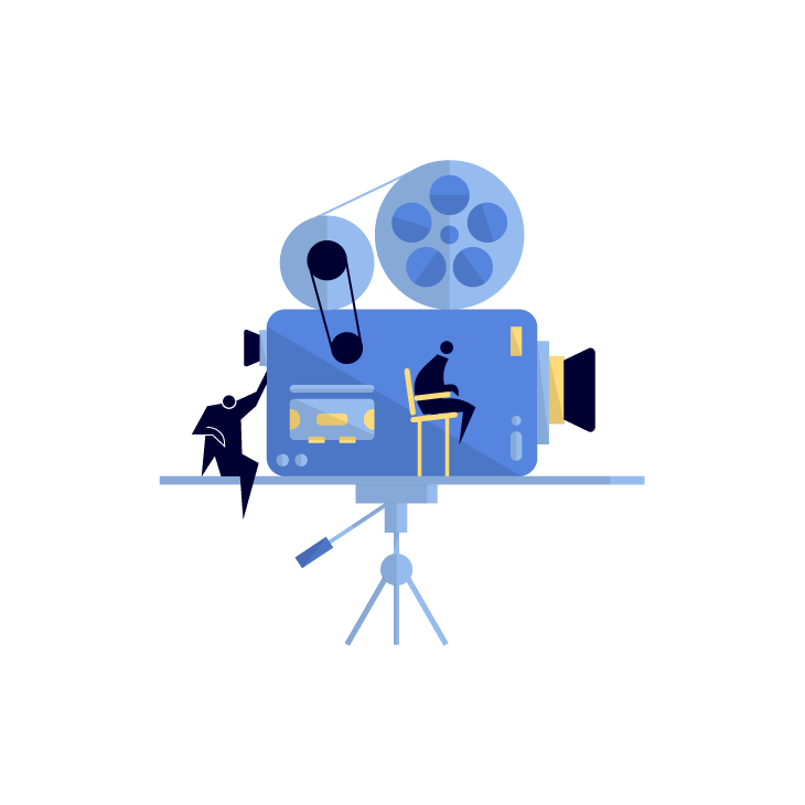 Illustration of a film camera with a person working on it and another sitting on a chair inside the camera, with film reels on top.