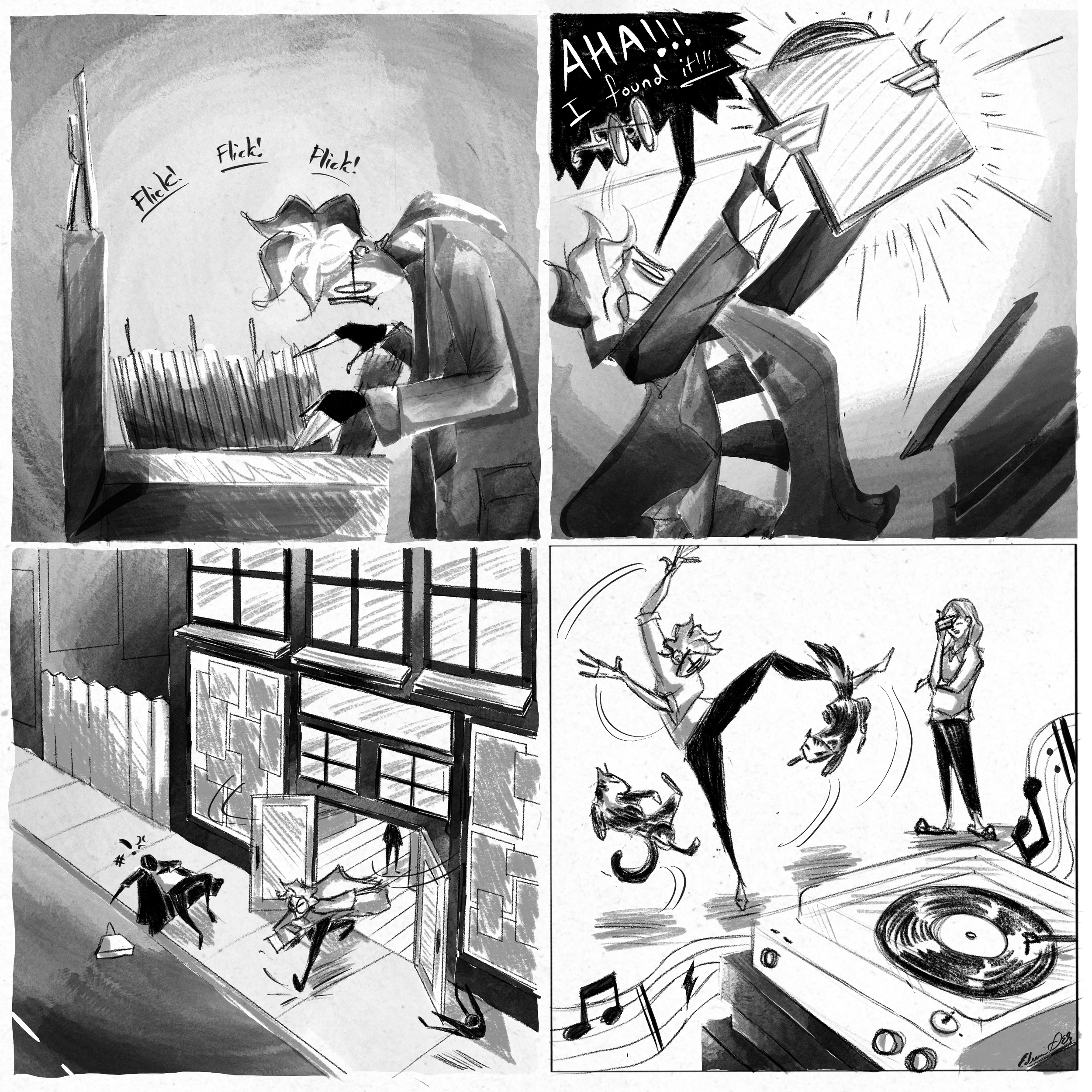 Comic strip illustration in black and white. The first panel shows a character working at a desk, flicking a picture. The second panel features a character with glasses, yelling excitedly, 'AHA!!! I found it!!!', while another character with glasses and a striped shirt reaches for an object with a stick, with sound effects indicating movement and discovery.