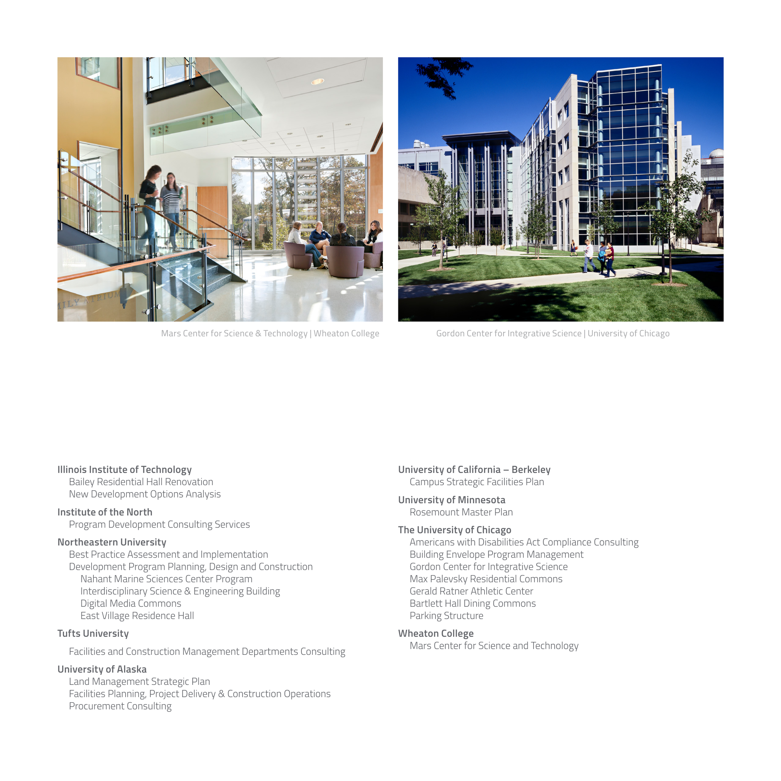 Compilation of images of academic and research buildings at various universities, including interior and exterior views, with students and staff present.