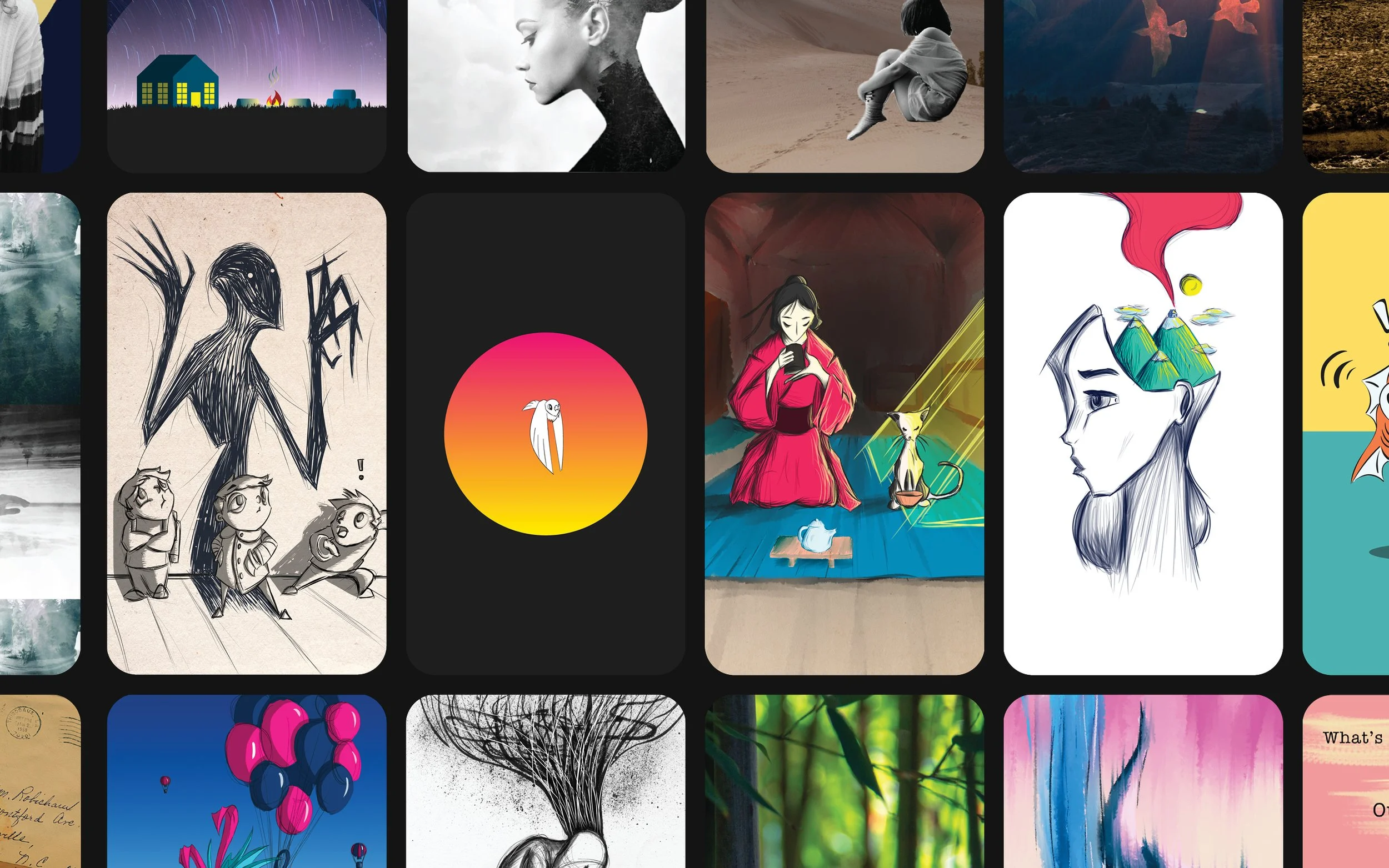 Multiple digital art pieces and illustrations, including a woman in traditional attire, abstract portraits, nature scenes, and stylized graphics.
