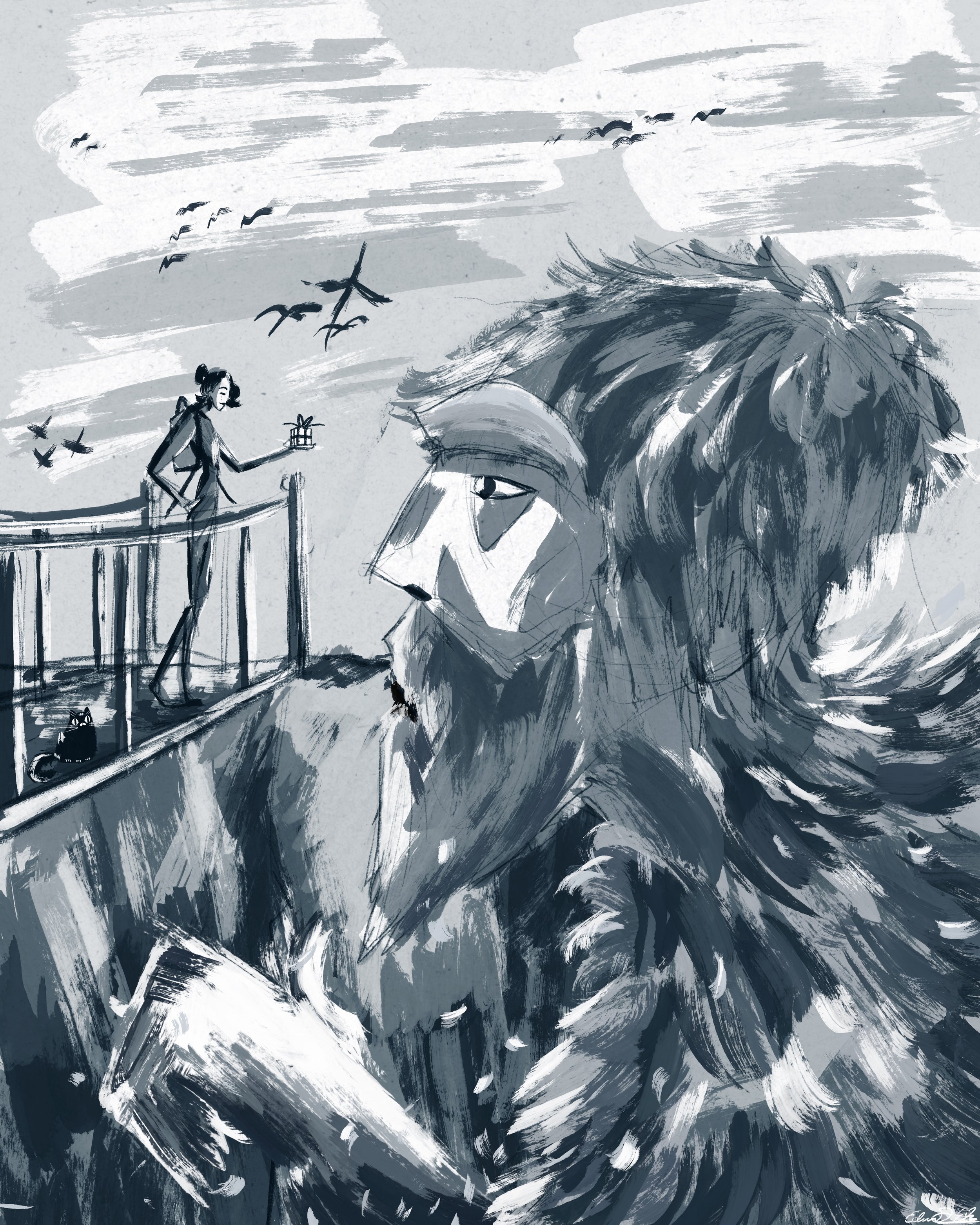 A black-and-white digital sketch of a woman standing on a balcony holding a gift, with a large face of a man in the background and birds flying in the sky.