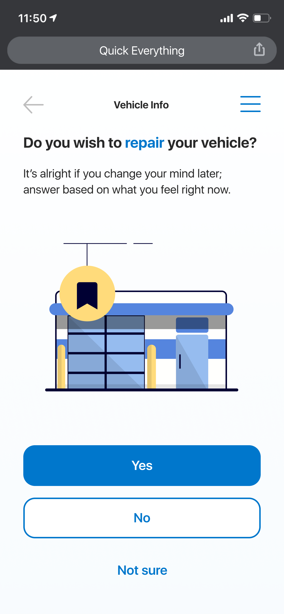 Mobile phone screen displaying a vehicle service app asking if the user wants to repair their vehicle, with options to select Yes, No, or Not sure.