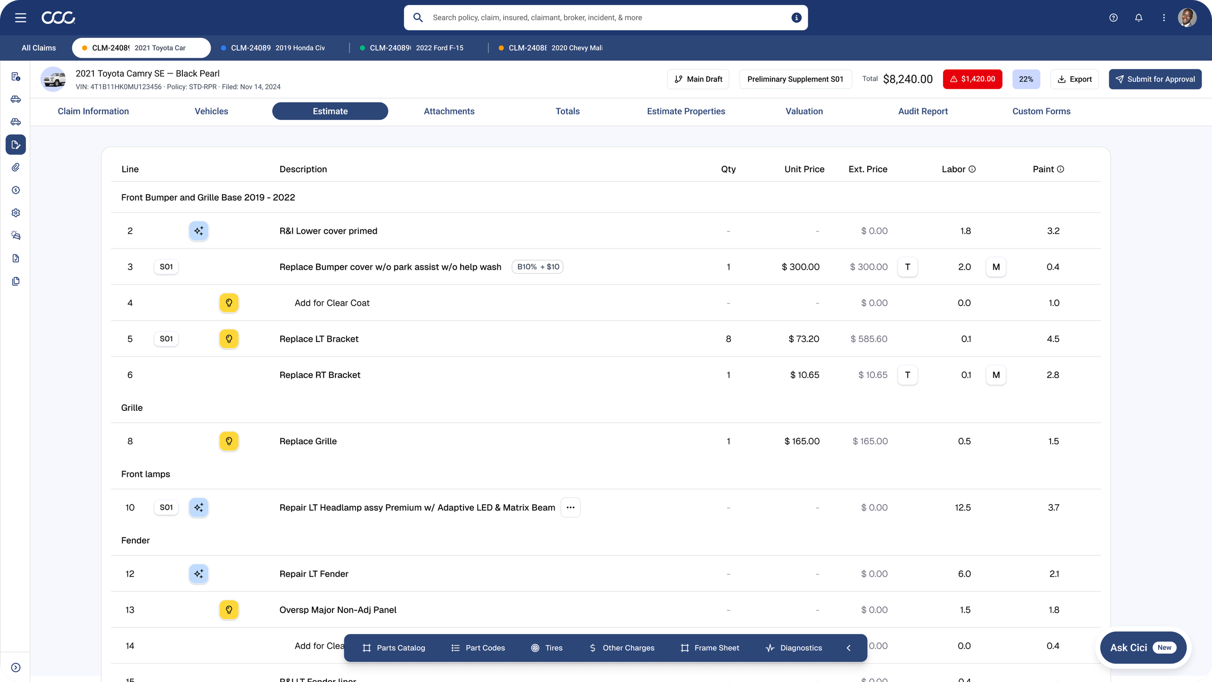 Screenshot of an online insurance claim dashboard for a 2021 Toyota Camry SE - Black Pearl. The page shows claim details, vehicle parts, and costs, with navigation options on the left and top bars.