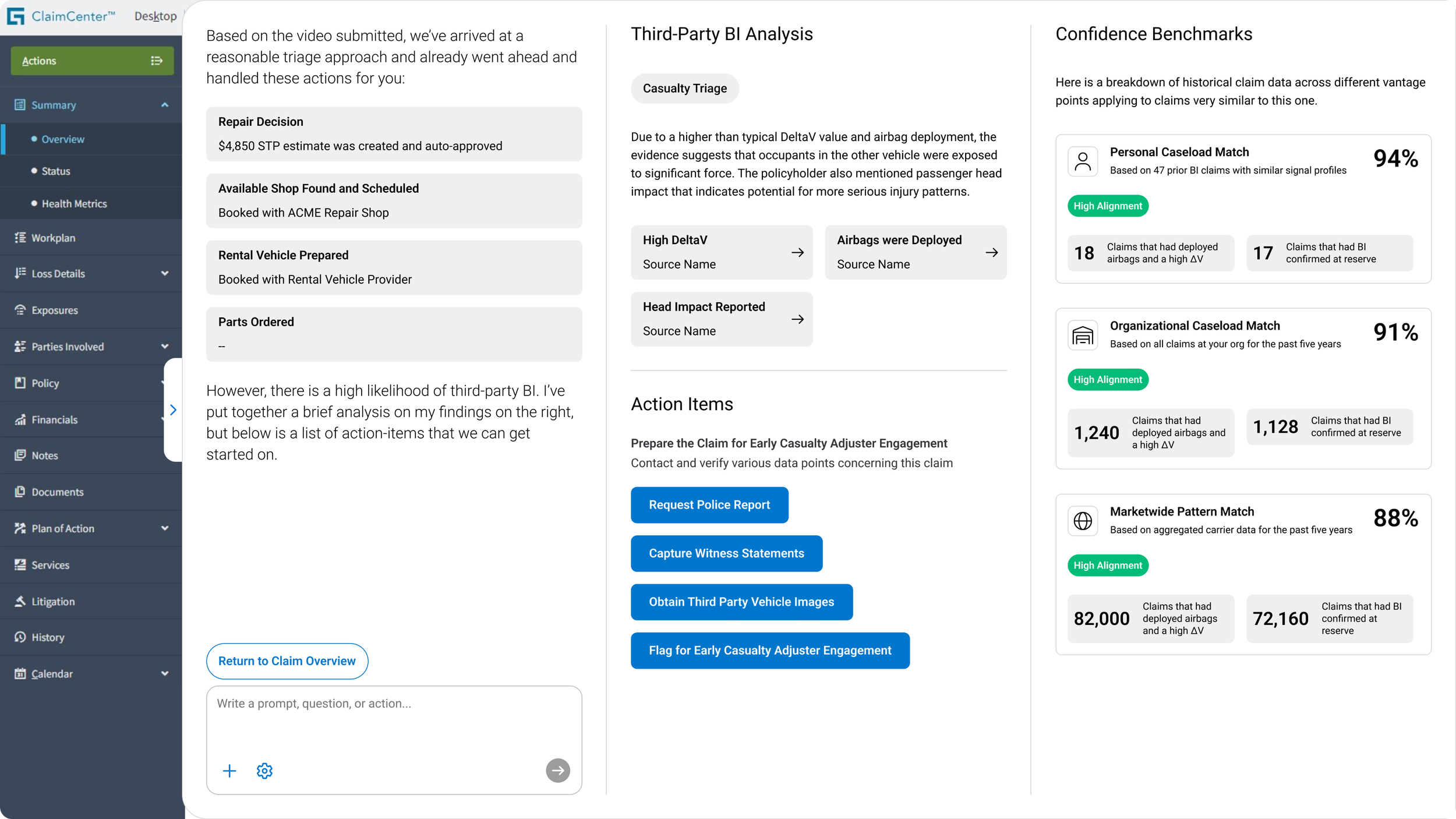 Screenshot of ClaimCenter software interface showing third-party BI analysis, confidence benchmarks, and action items with options to request police report and capture witness statements.
