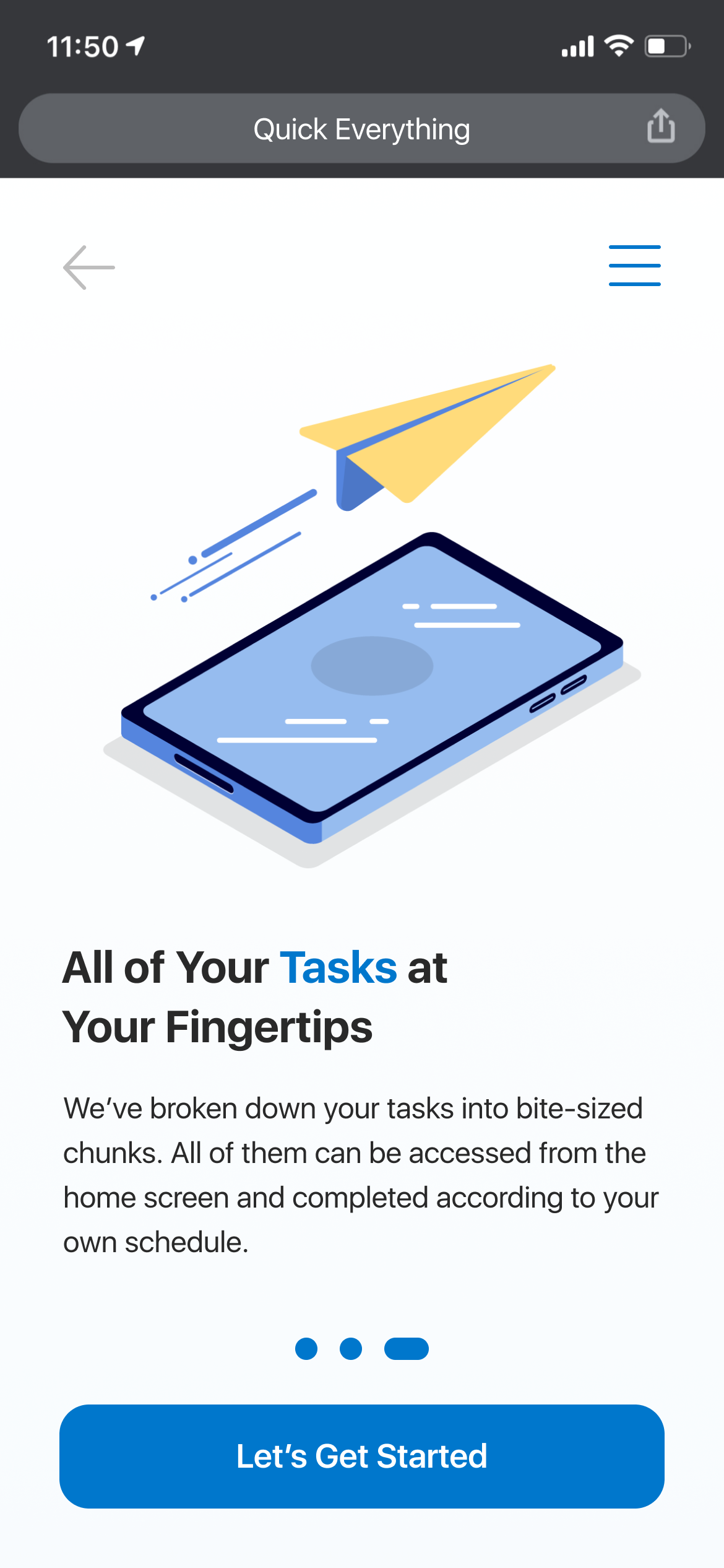 Screenshot of a mobile app introducing task management features with an illustration of a smartphone and a paper airplane, and a blue button labeled "Let's Get Started."