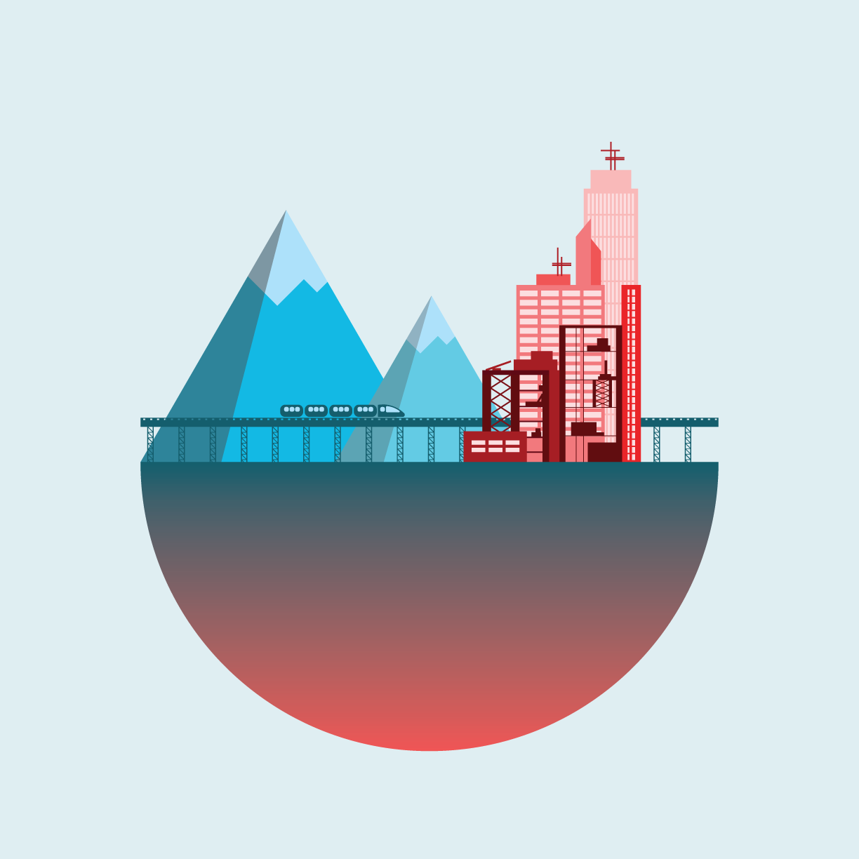 A digital illustration showing mountains, a train on a bridge, and a city skyline with tall buildings.