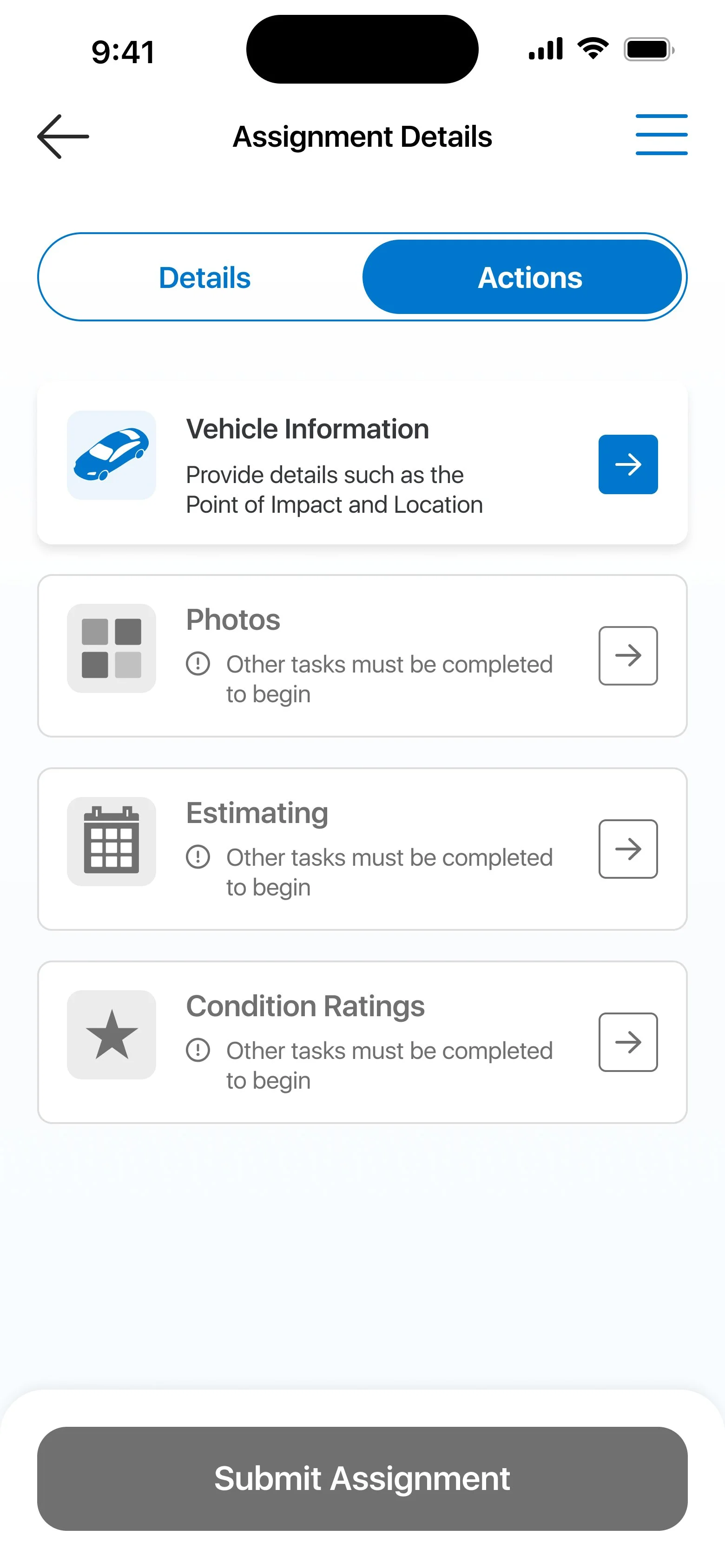 Screenshot of a mobile app interface showing assignment details with options for vehicle information, photos, estimating, condition ratings, and a submit button.