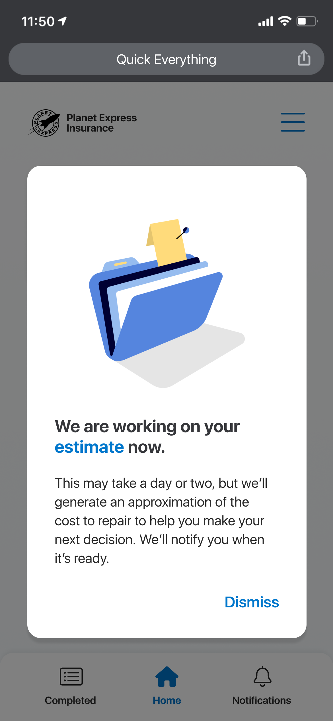 A smartphone screen showing a message about working on an estimate for repair costs, with a graphic of a blue file folder and a yellow sticky note.