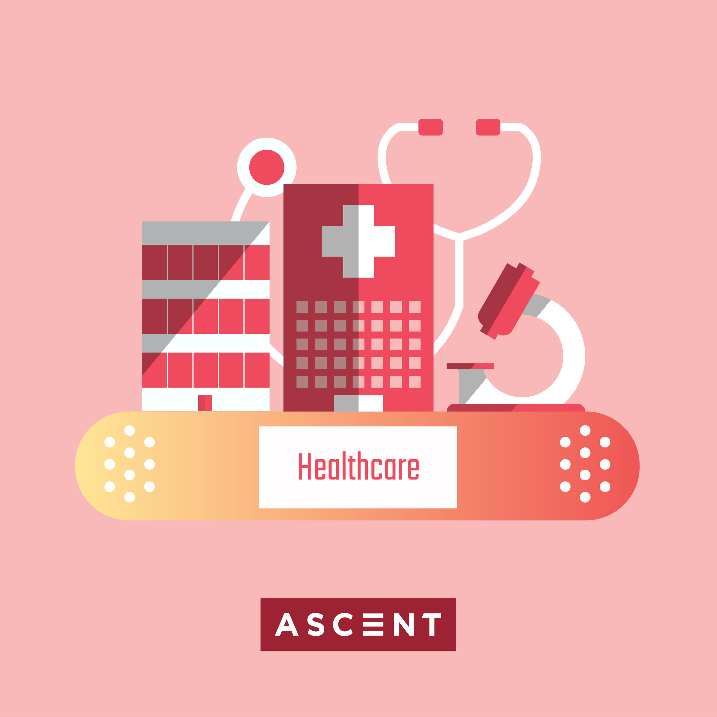 Digital illustration featuring various healthcare icons and a medical chart, with the words 'Healthcare' and 'ASCENT' on a pink background.