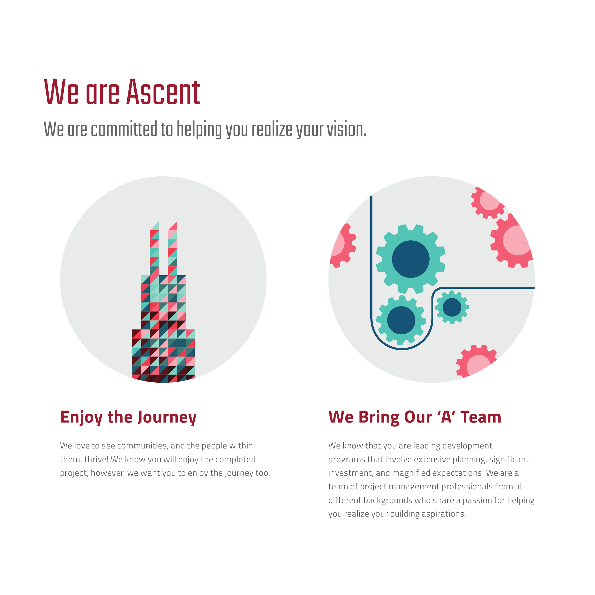 Two infographic sections with geometric designs; left section features a colorful triangular pattern forming a tall, narrow shape, and right section depicts interconnected pink and blue gears, set within circles, illustrating concepts of progress and